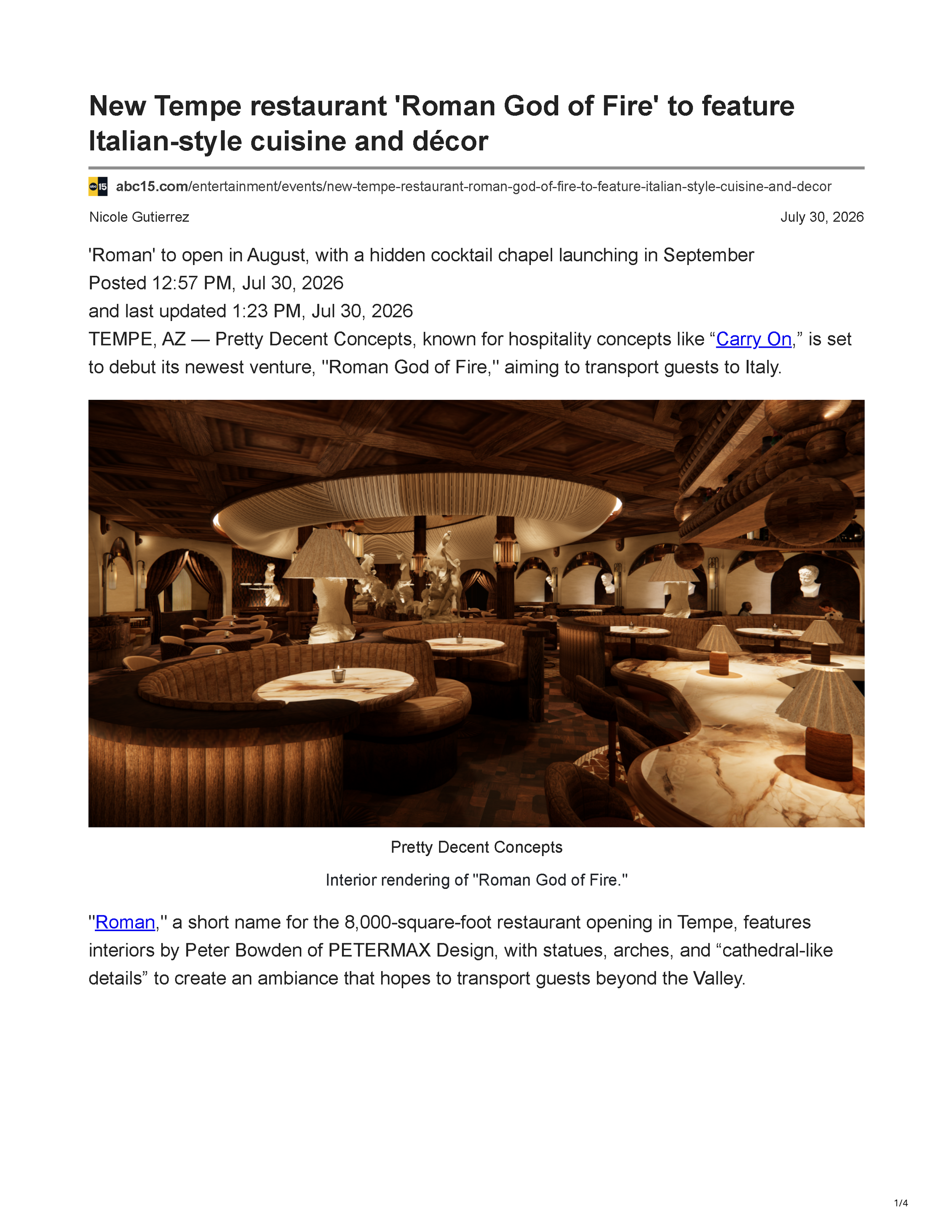 First page of ABC15’s article “New Tempe Restaurant ‘Roman God of Fire’ to Feature Italian-Style Cuisine and Décor,” showing an interior rendering and crediting Peter Bowden of PETERMAX Design.