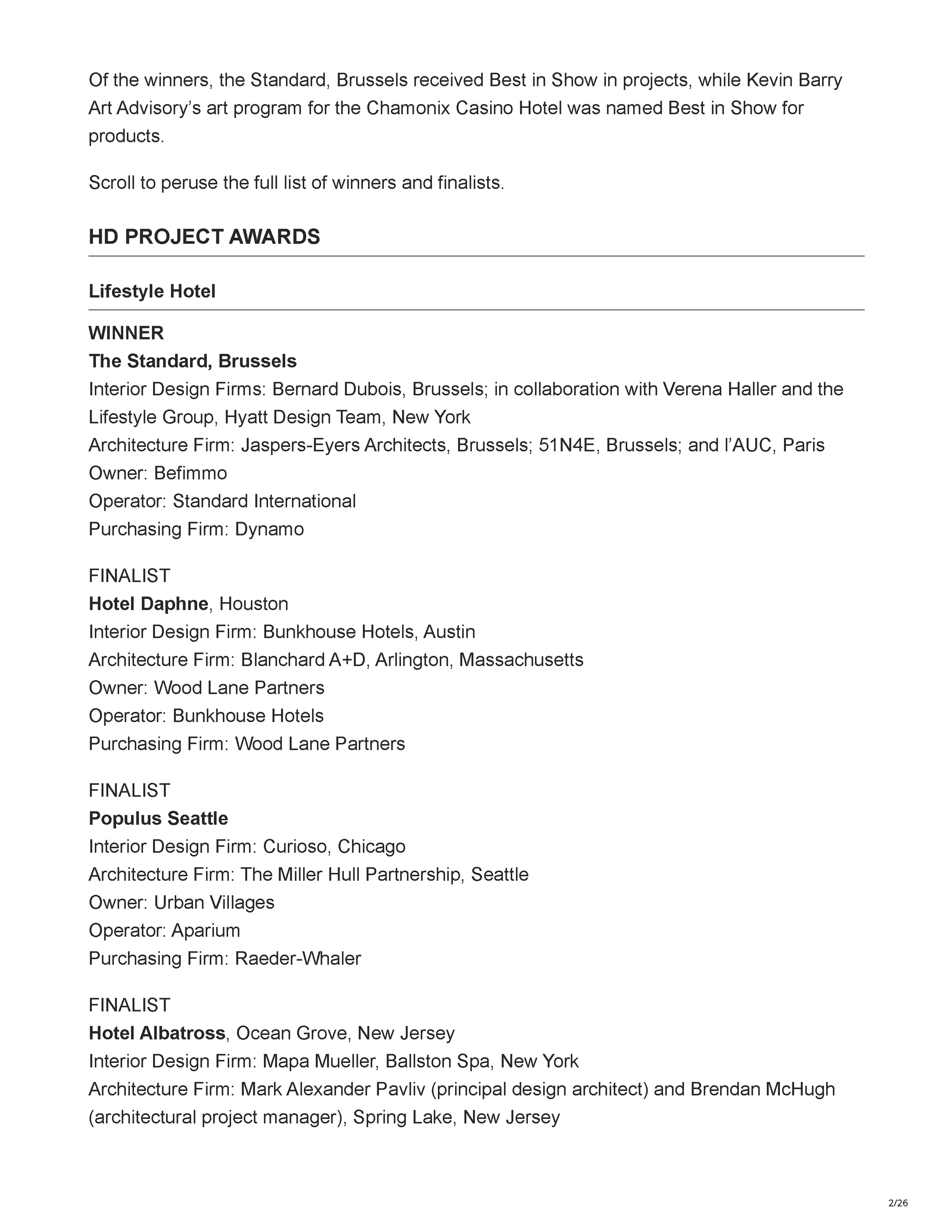 Official Hospitality Design HD Awards finalist listing showing Filthy Martini Bar by PETERMAX Co. as a finalist in the Bar, Club + Lounge category, page 2.