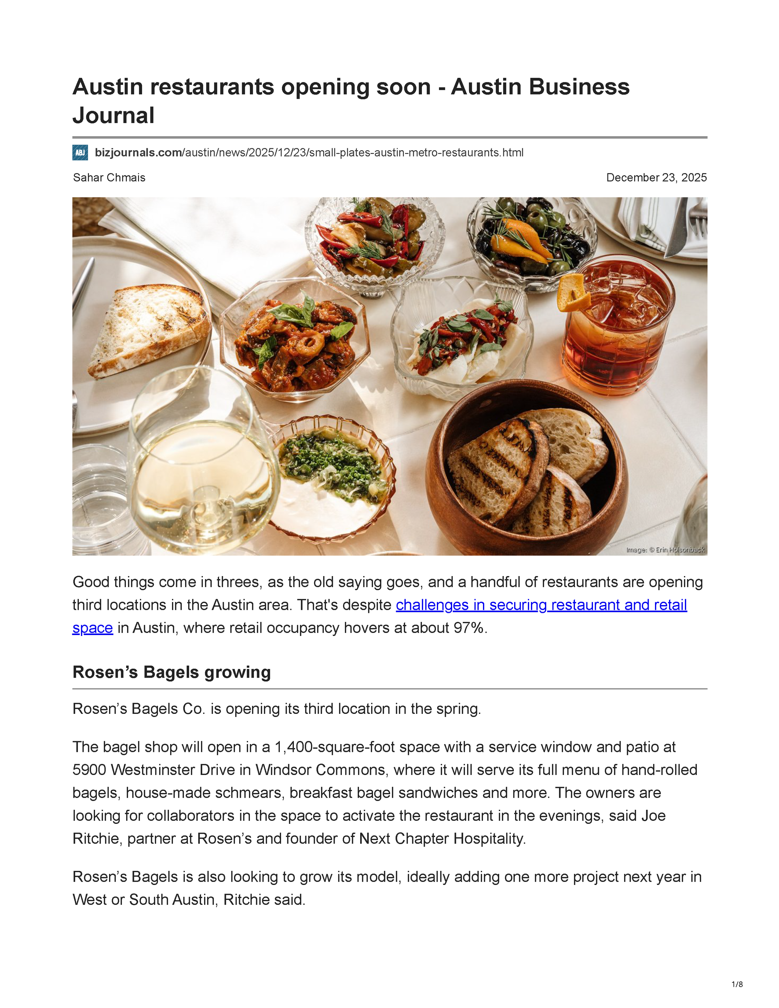 Austin Business Journal article introducing Austin Sports Club, a Kevin Durant-backed downtown Austin restaurant and social club planned for 215 Brazos Street, page 1.