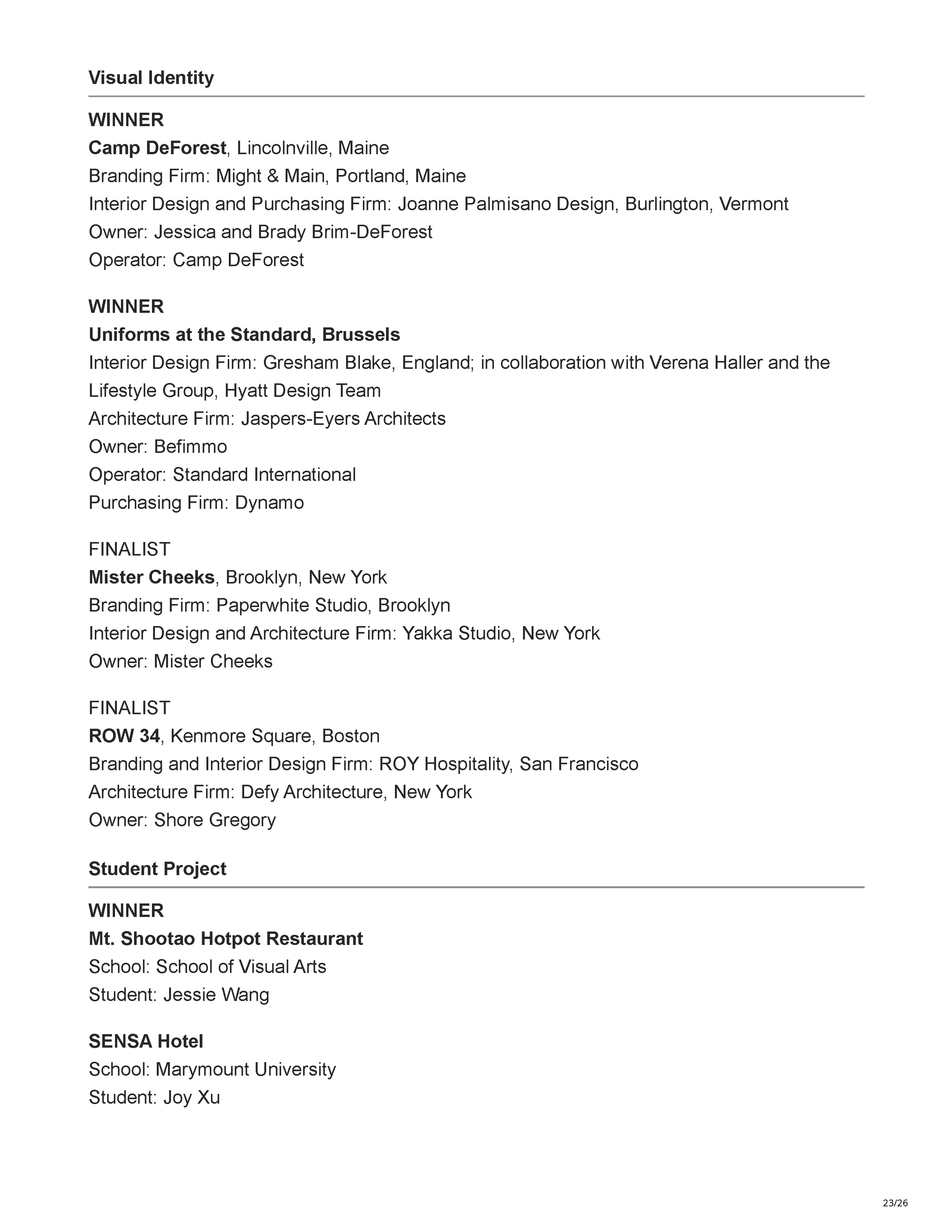 Official Hospitality Design HD Awards finalist listing showing Filthy Martini Bar by PETERMAX Co. as a finalist in the Bar, Club + Lounge category, page 23.