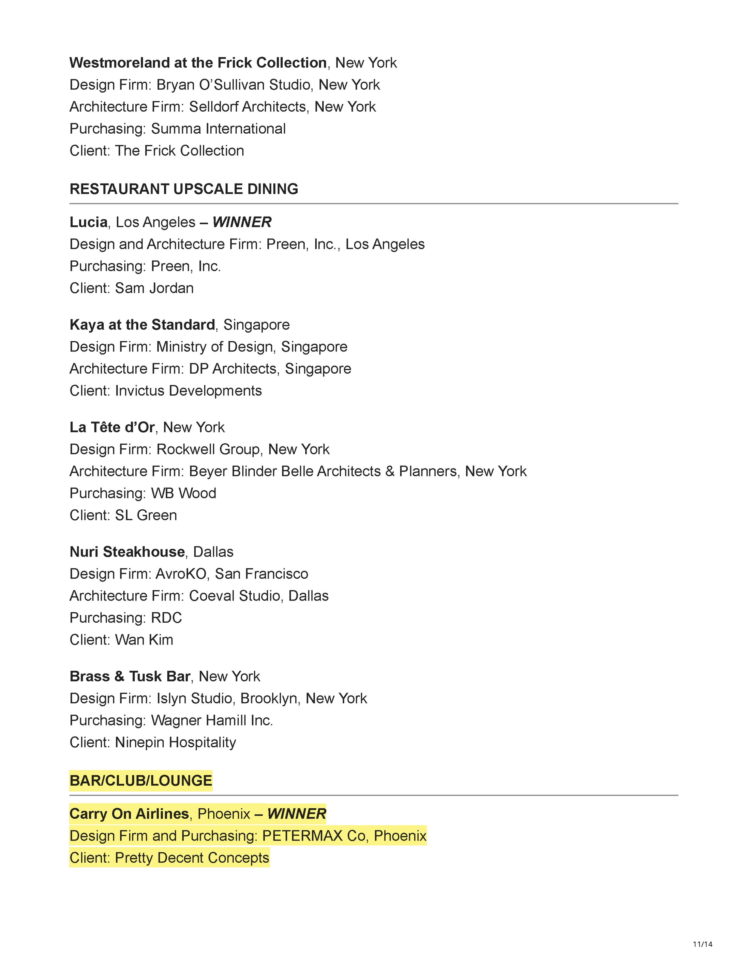 Official 45th Annual Gold Key Awards winners listing showing Carry On Airlines as the Bar/Club/Lounge winner, Drop Dead Gorgeous as a finalist, and Carry On Airlines receiving the Judges' So Cool Award, page 11.