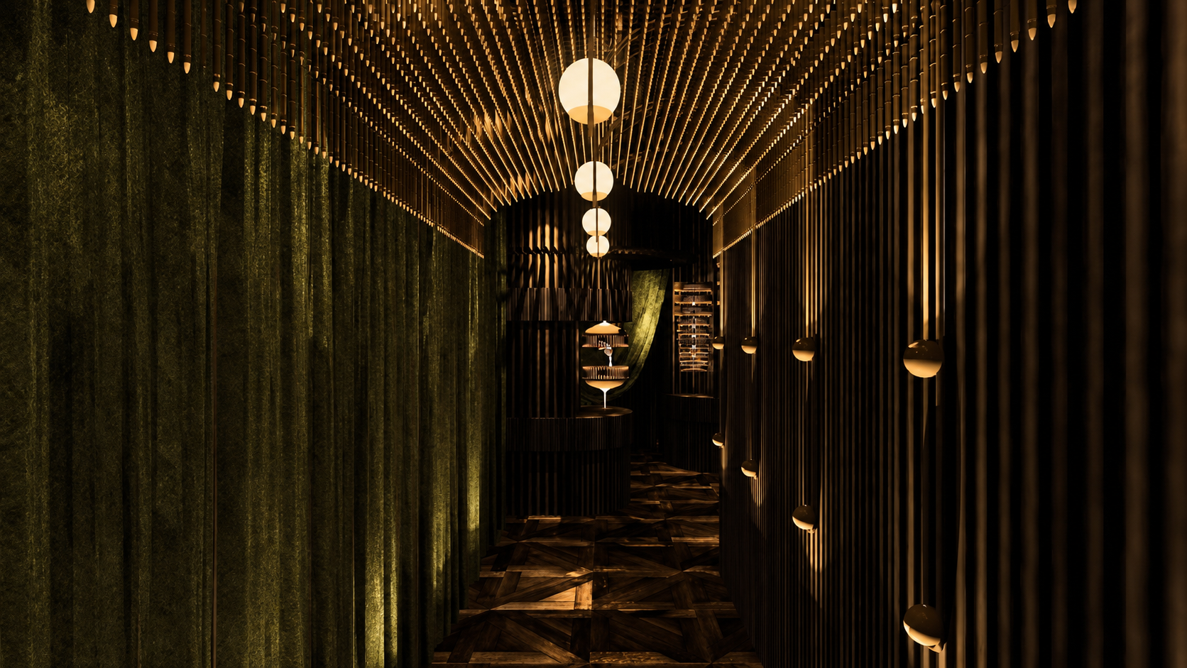 Rendering of the dimly lit entrance corridor at Trophy Room in Phoenix, featuring green velvet walls, dark wood screening and suspended globe lights.