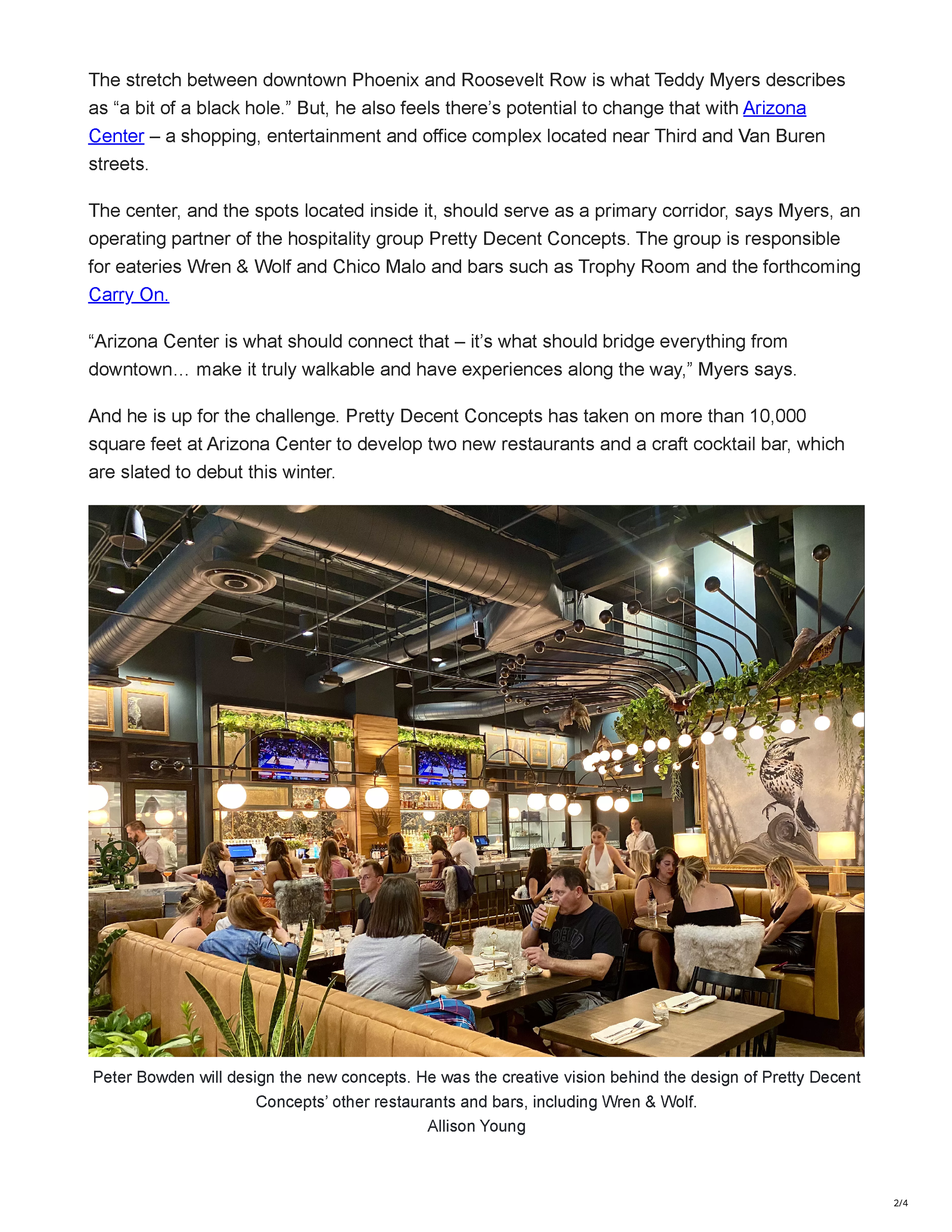 Phoenix New Times article page announcing Pretty Decent Concepts’ planned restaurants and cocktail bar at Arizona Center in Downtown Phoenix, page 2.