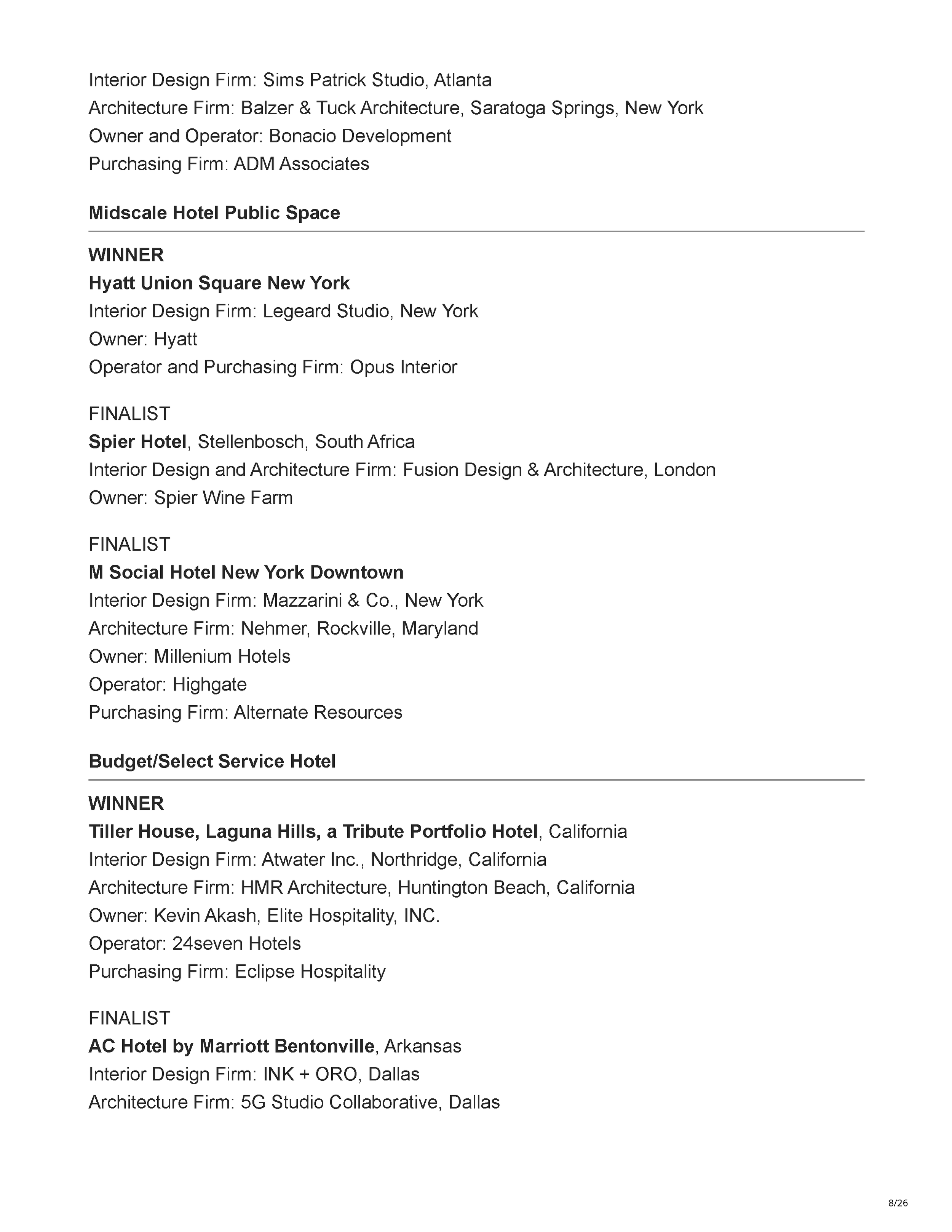 Official Hospitality Design HD Awards finalist listing showing Filthy Martini Bar by PETERMAX Co. as a finalist in the Bar, Club + Lounge category, page 8.