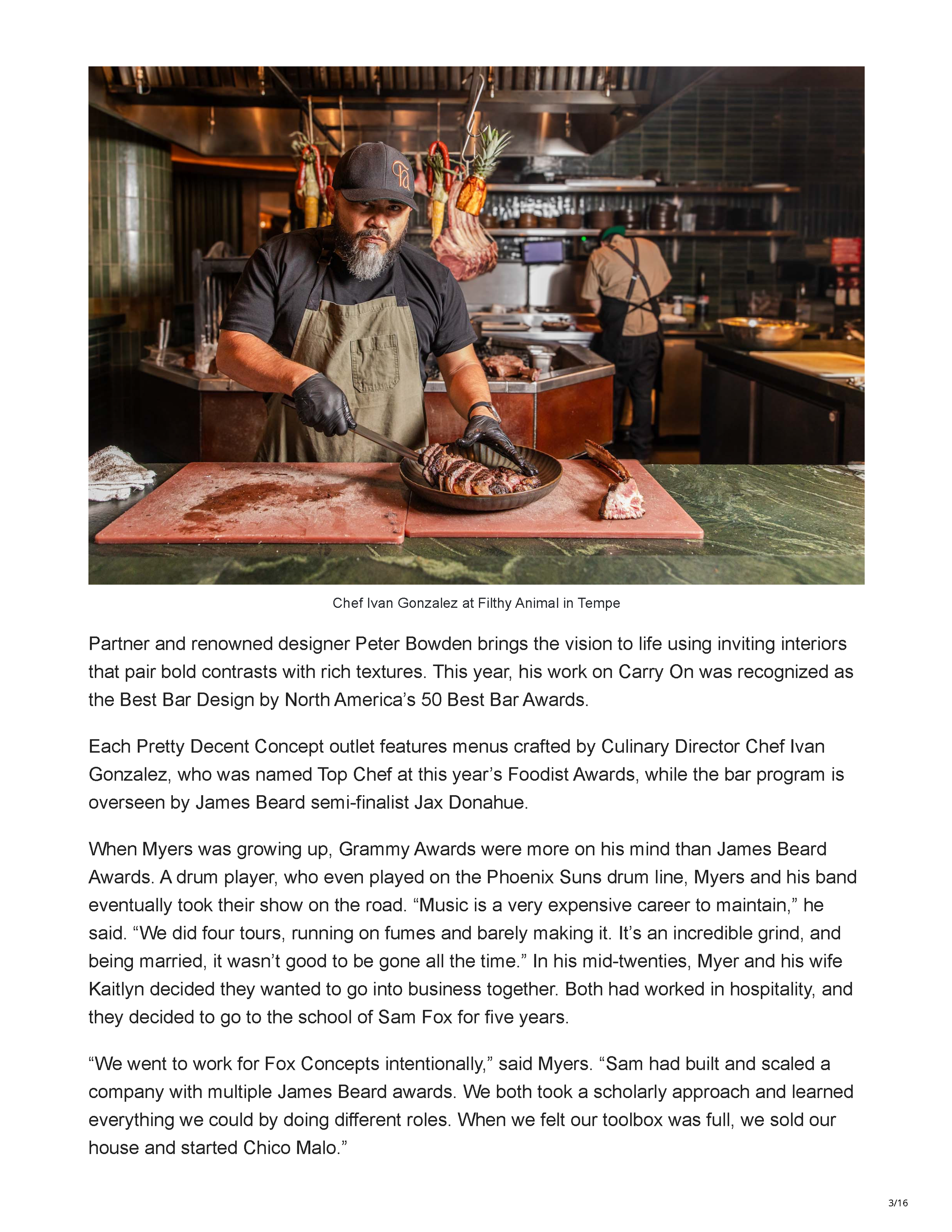 Chef Ivan Gonzalez at Filthy Animal with text identifying Peter Bowden as Pretty Decent Concepts’ design partner and recognizing Carry On’s award-winning design.