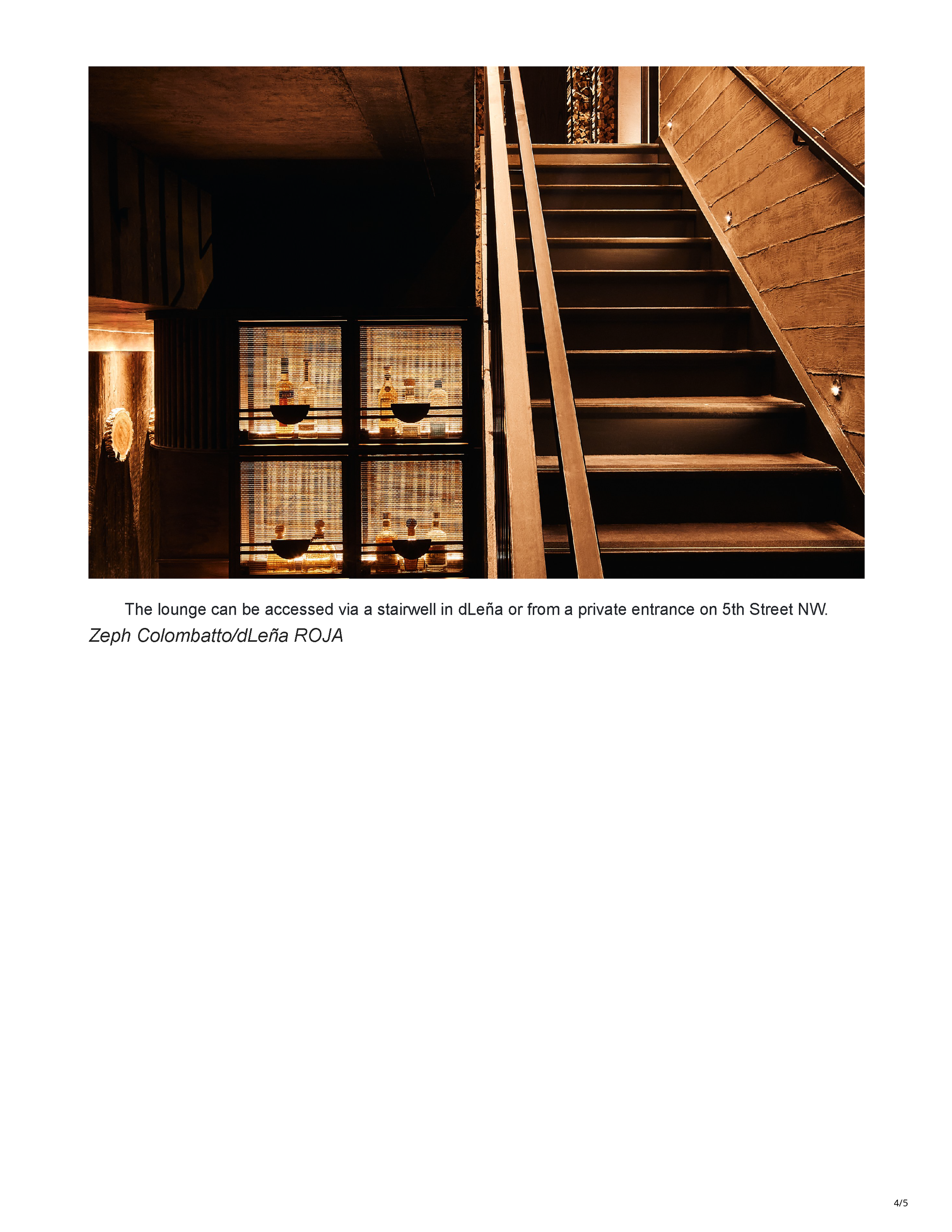 Fourth page of the Eater DC feature showing the illuminated stairway connecting dLeña ROJA with the restaurant above and its private Fifth Street entrance.