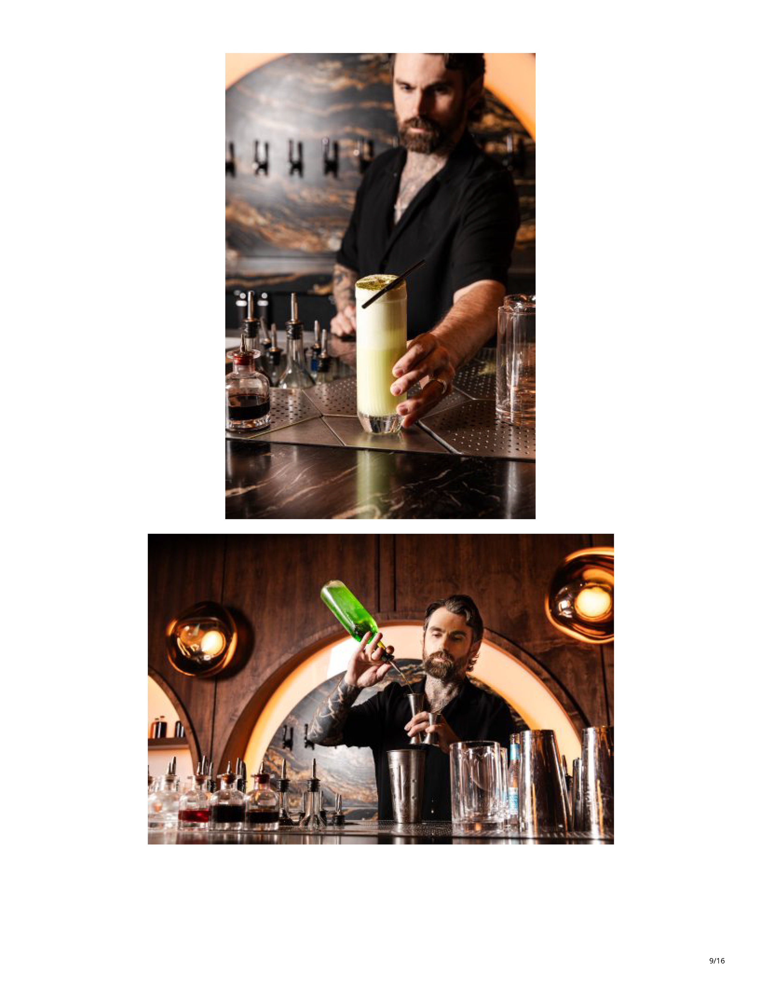 Jax Donahue preparing cocktails behind the sculptural bar at Drop Dead Gorgeous.