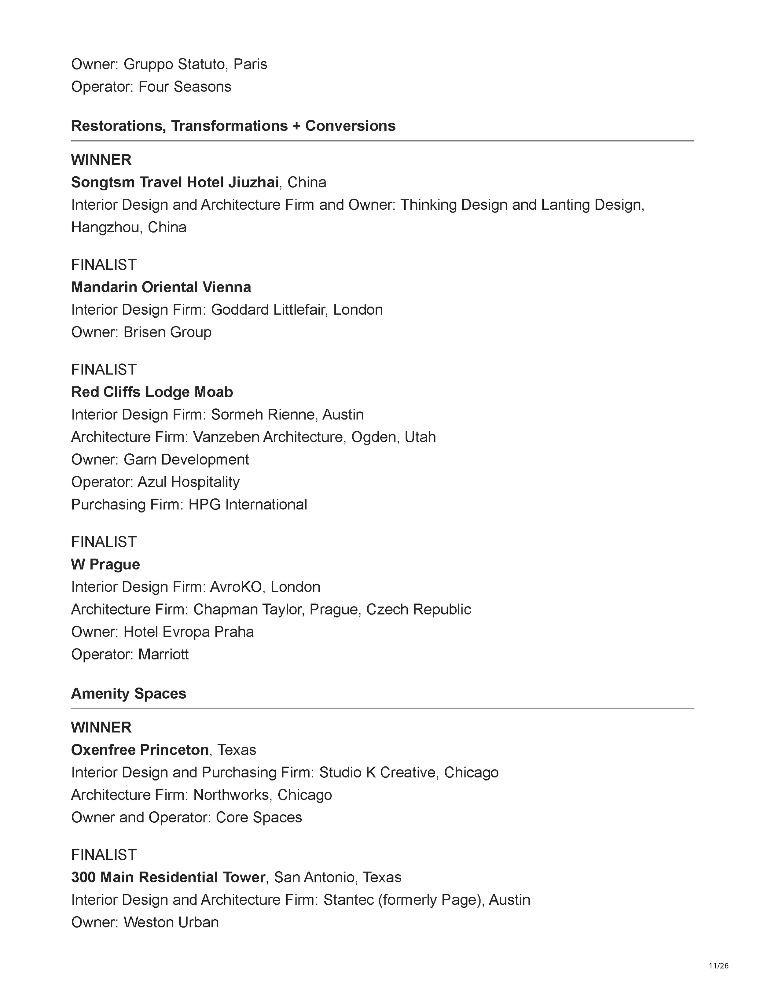 Official Hospitality Design HD Awards finalist listing showing Filthy Martini Bar by PETERMAX Co. as a finalist in the Bar, Club + Lounge category, page 11.