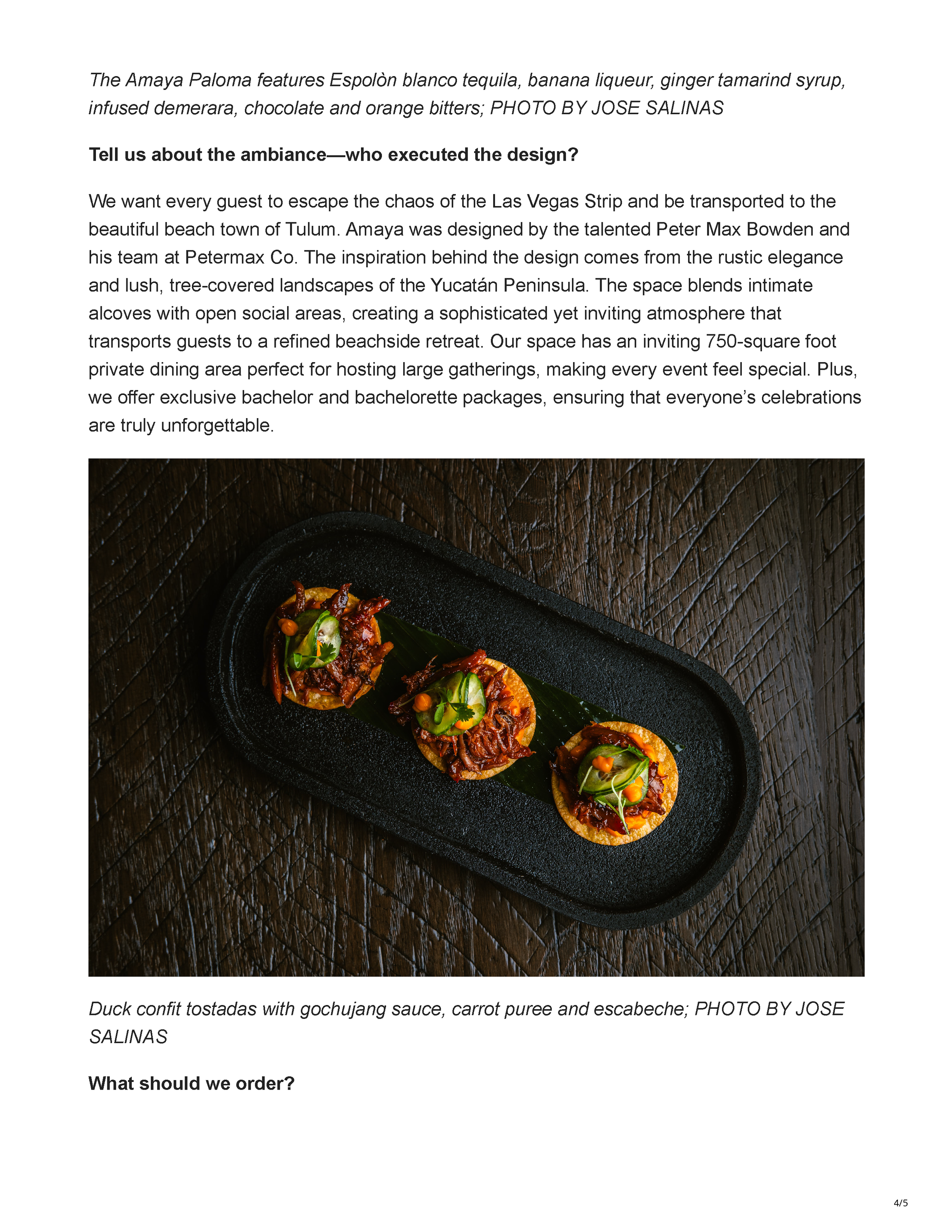 Modern Luxury article page announcing the opening of Amaya Modern Mexican at The Cosmopolitan of Las Vegas, featuring a photograph of the restaurant’s warm, curved dining room, page 3.