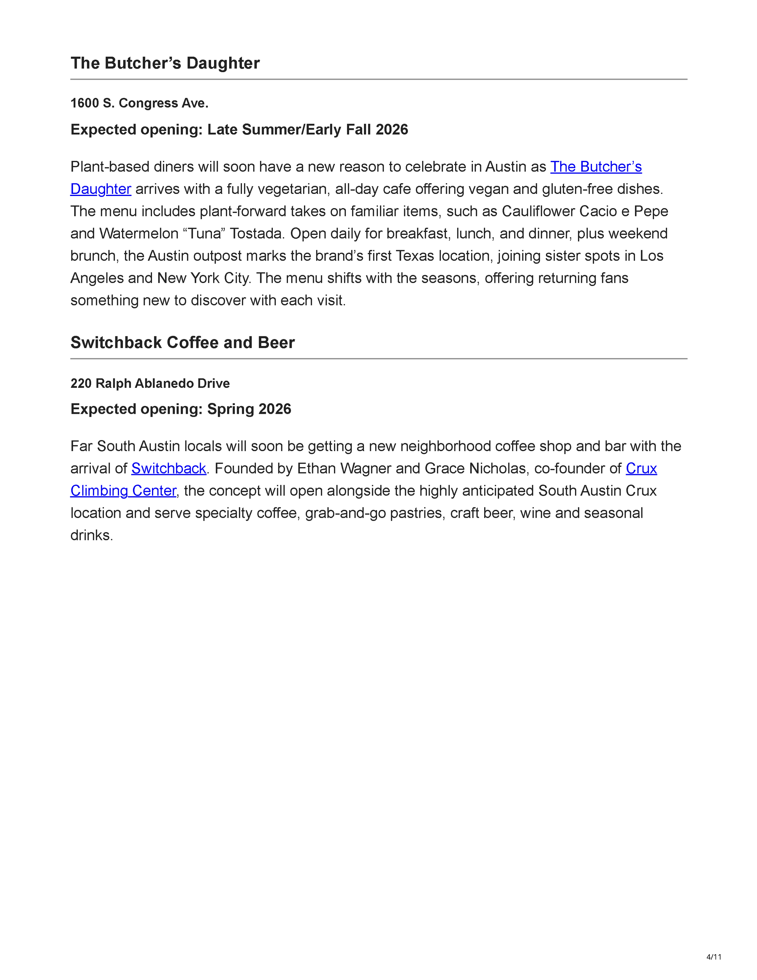 TRIBEZA’s article “Austin’s Most Anticipated Restaurant and Bar Openings,” introducing the new dining concepts expected to open across Austin in 2026, page 4