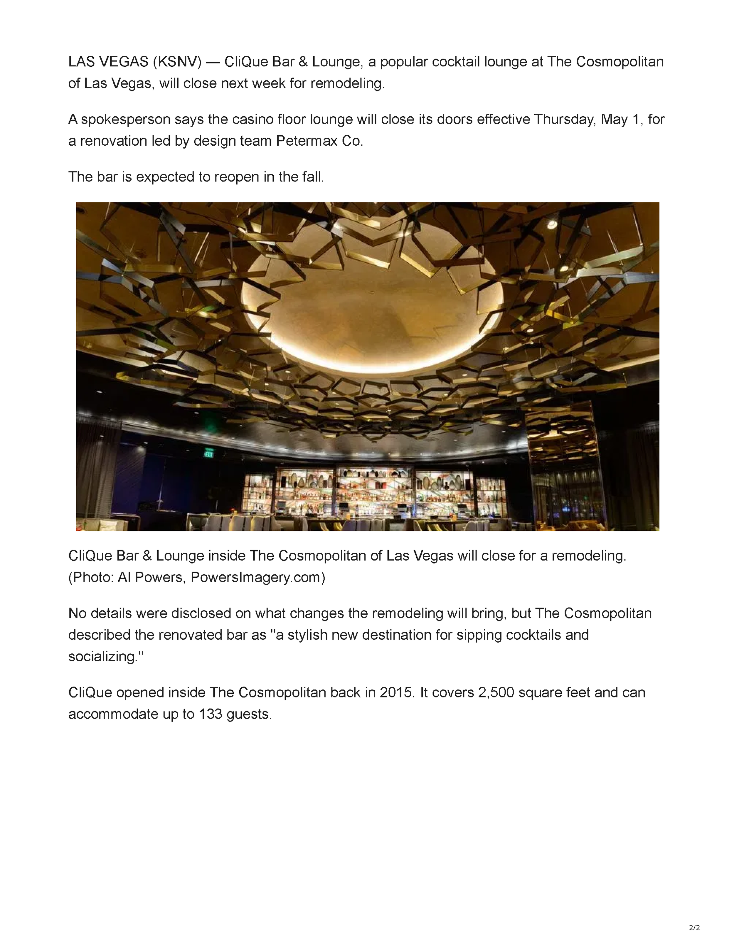 Page 2 of the News 3 Las Vegas article about CliQue Bar & Lounge at The Cosmopolitan of Las Vegas closing for renovation.