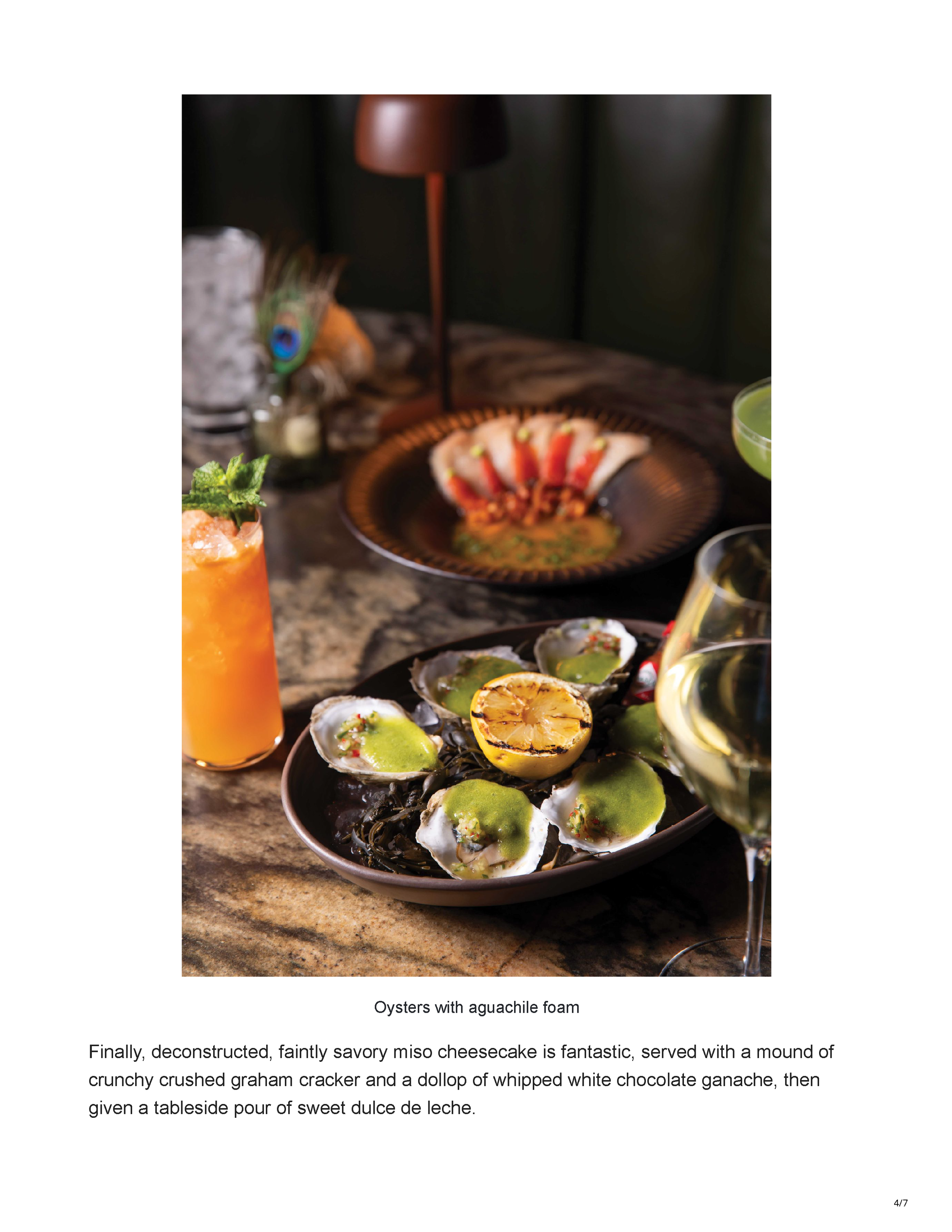 Fourth page of the PHOENIX magazine review showing oysters with aguachile foam, cocktails and yellowtail at Filthy Animal.
