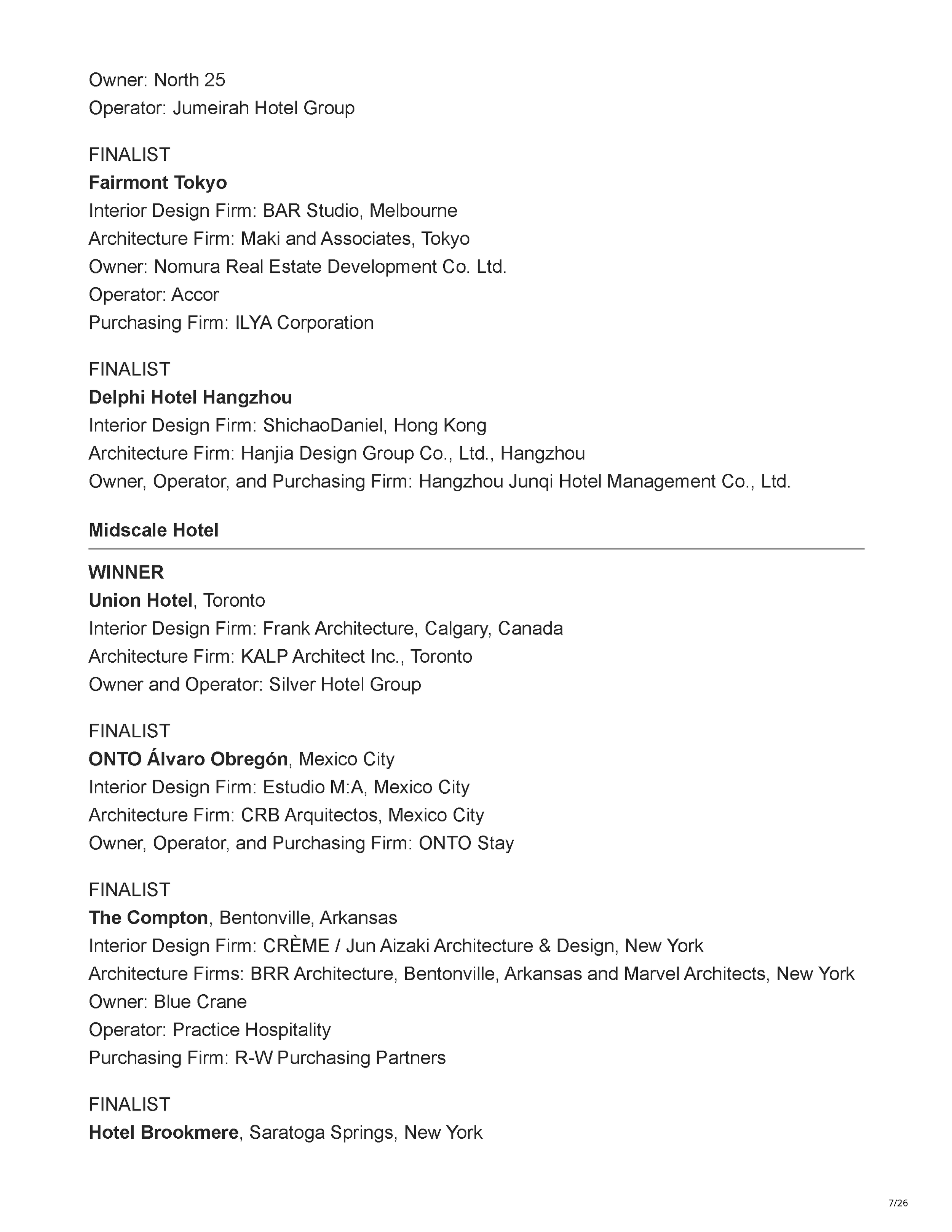 Official Hospitality Design HD Awards finalist listing showing Filthy Martini Bar by PETERMAX Co. as a finalist in the Bar, Club + Lounge category, page 7.