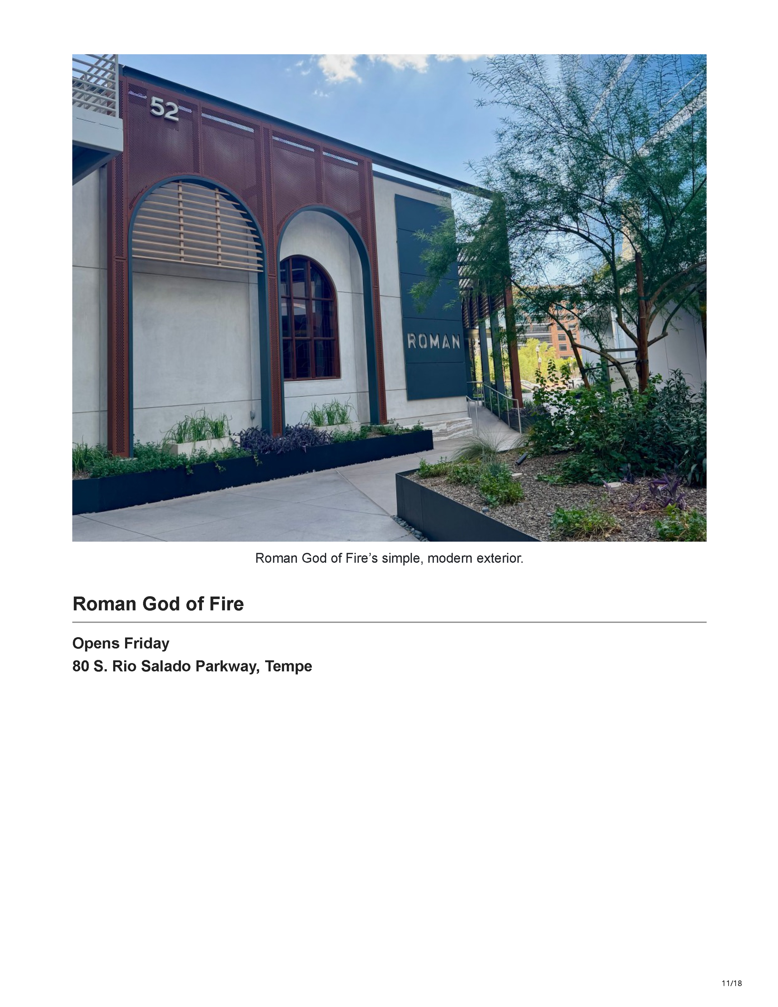 Final page of the Phoenix New Times feature showing the arched exterior of Roman God of Fire at Hayden Ferry Lakeside in Tempe.
