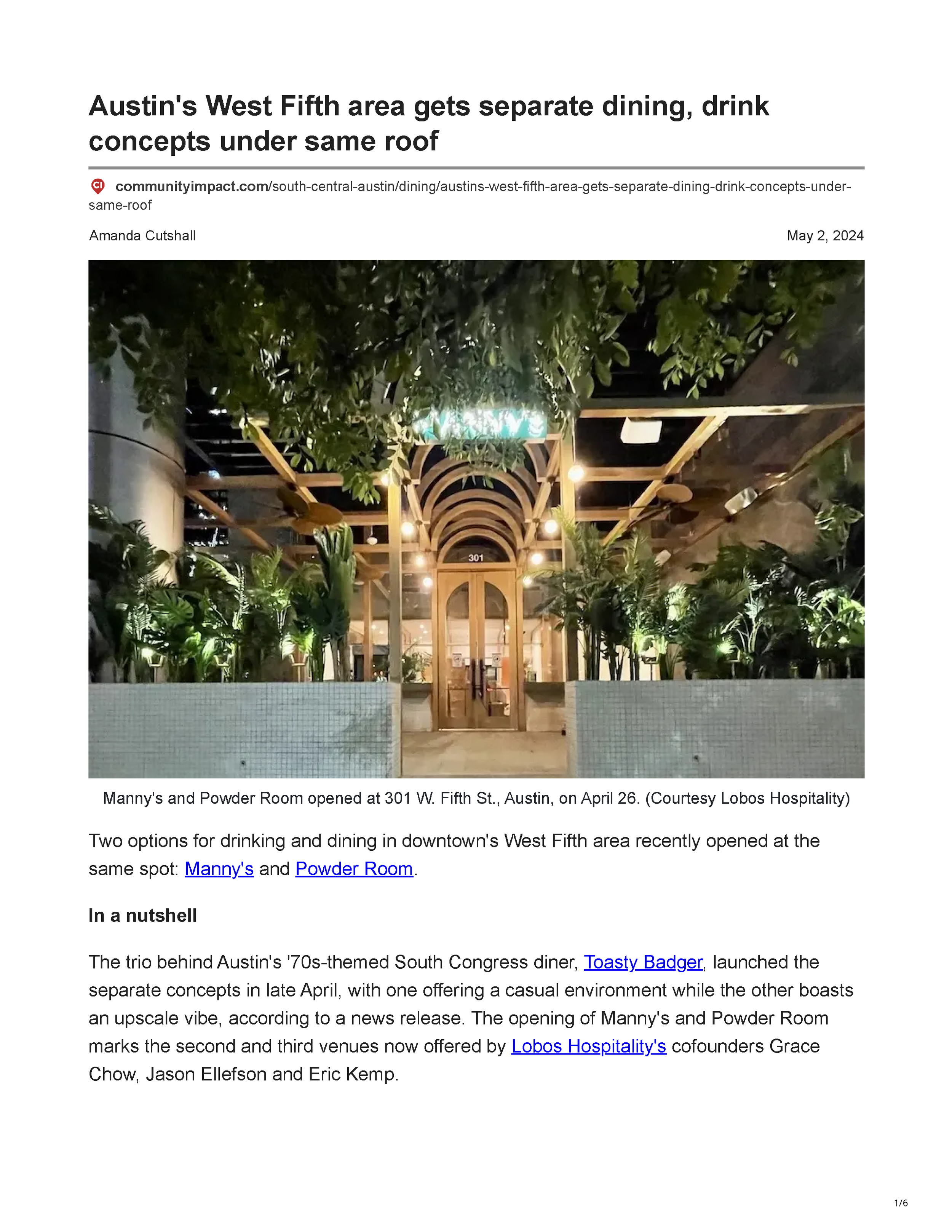 Community Impact article featuring PETERMAX-designed Manny’s and Powder Room in Downtown Austin, Texas, page 1.