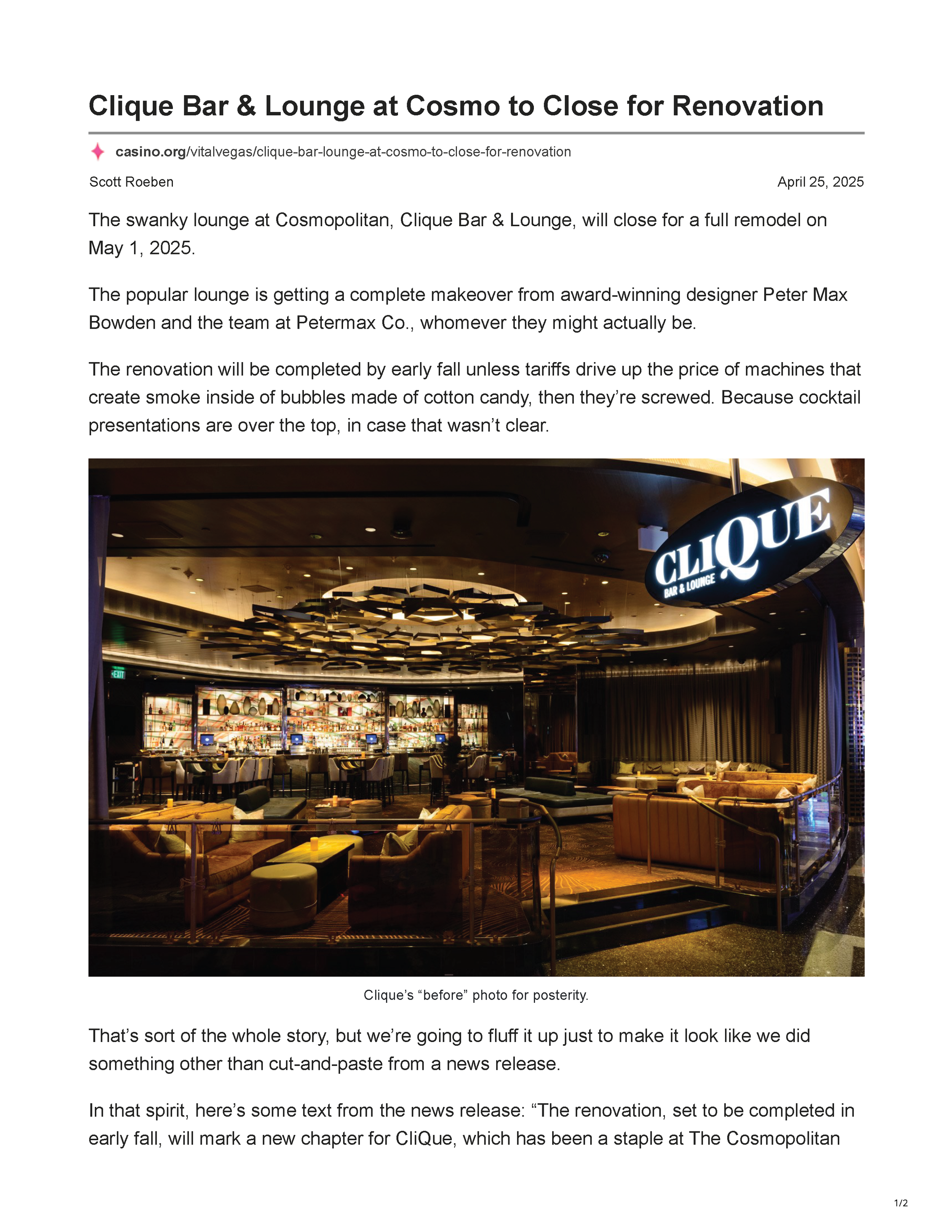 Casino.org article page announcing the planned renovation of Clique Bar & Lounge at The Cosmopolitan of Las Vegas, with a photograph of the existing lounge interior, page 1.