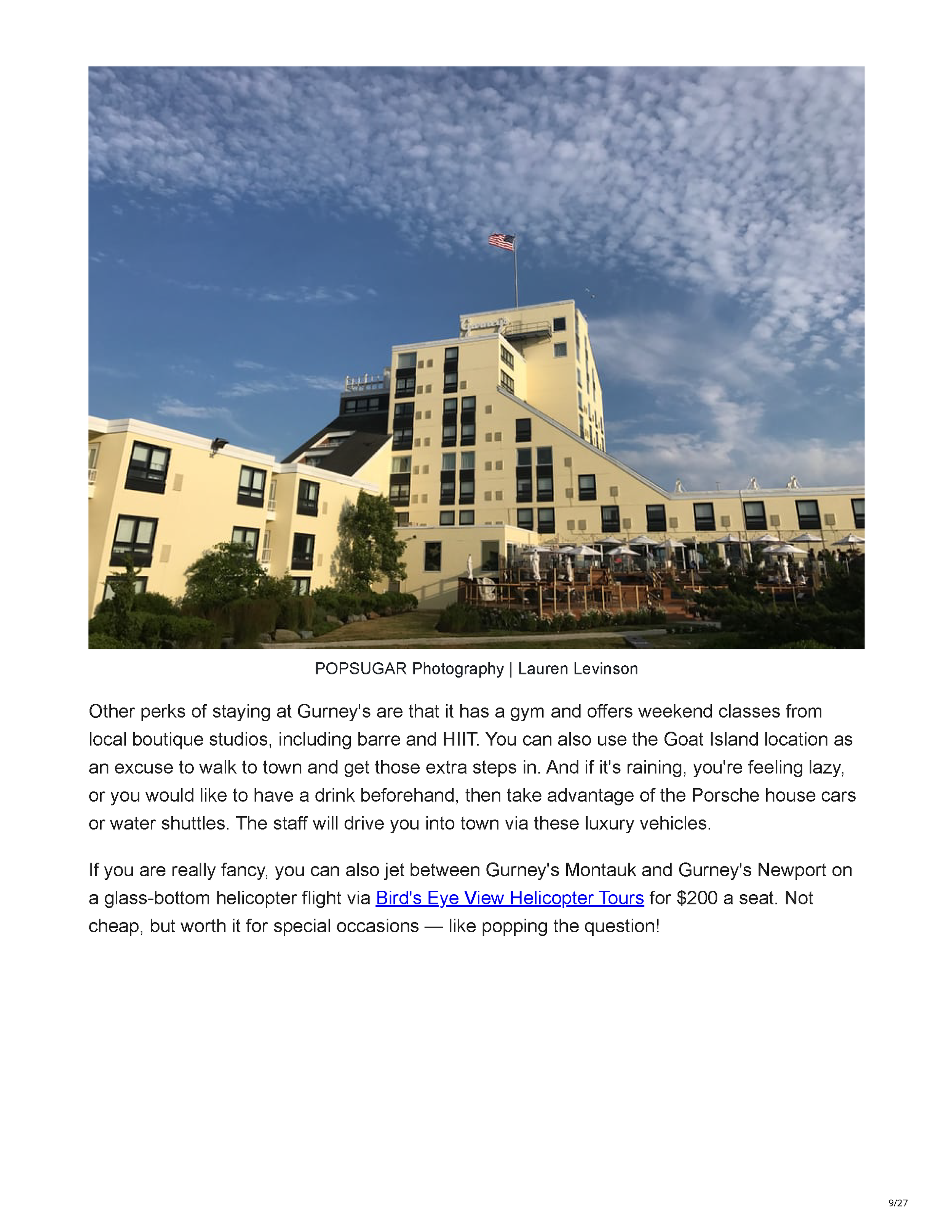 POPSUGAR’s Newport travel feature crediting Peter Max Bowden of PETERMAX Co. with the sophisticated nautical interiors of Gurney’s Newport Resort, page 9