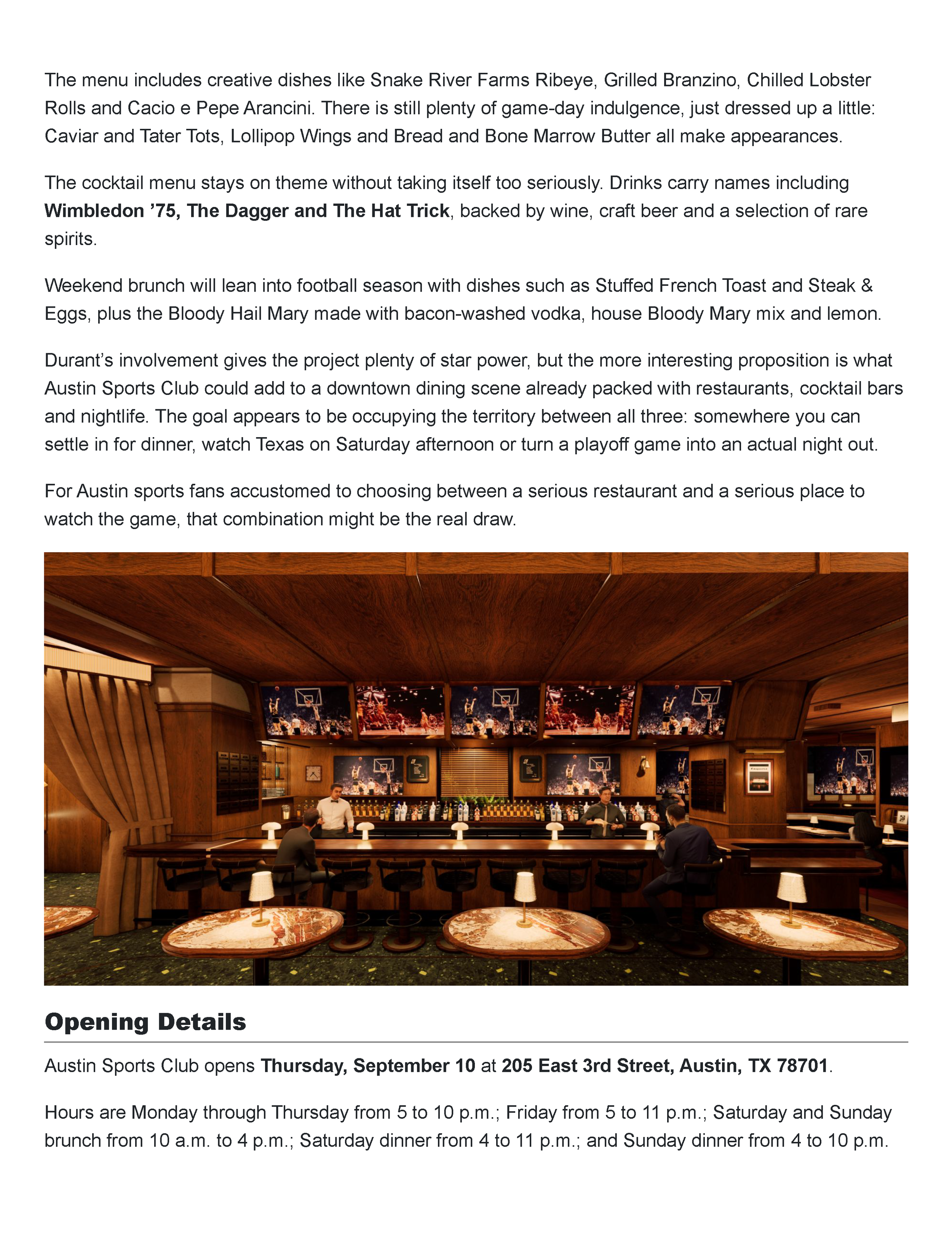 Second page of the Austin Food Magazine feature describing Austin Sports Club’s elevated food and cocktail program and showing the vintage-inspired bar designed by PETERMAX Co.