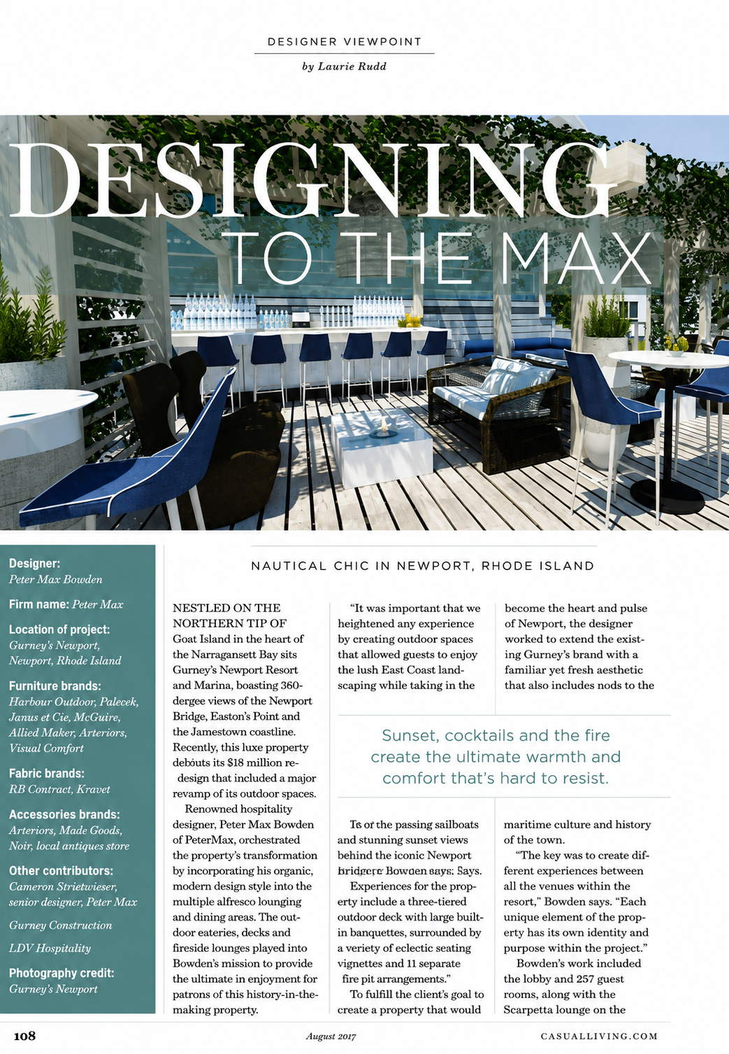 Second page of the Casual Living feature “Designing to the Max,” introducing Peter Maxwell Bowden’s nautical outdoor design for Gurney’s Newport Resort & Marina.