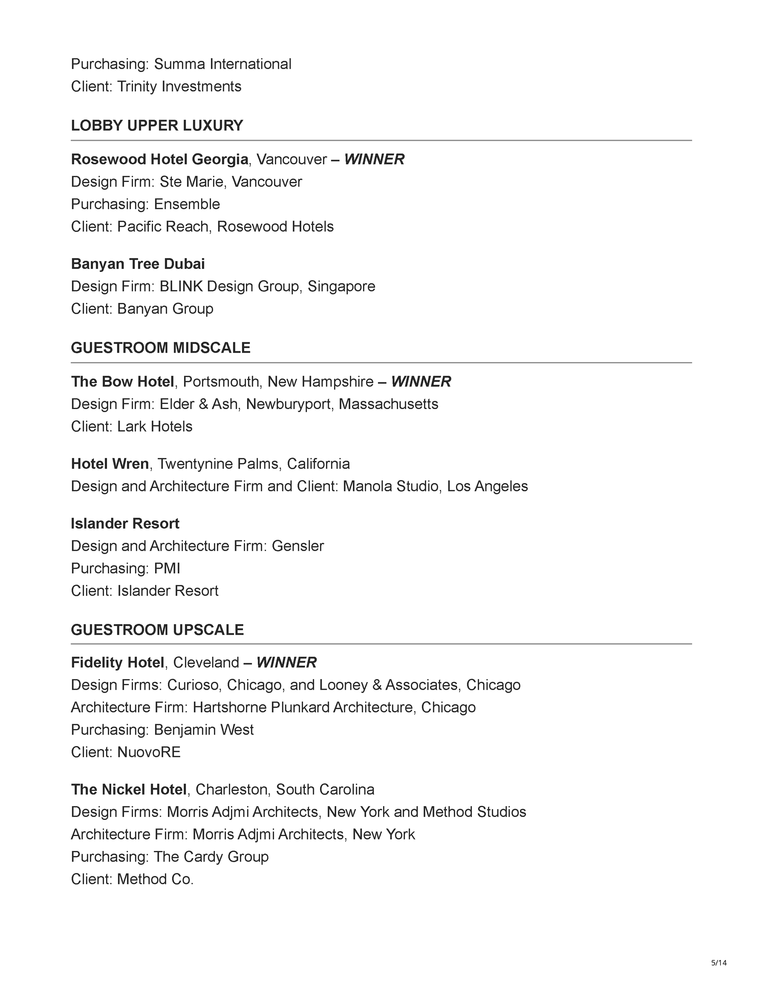 Official 45th Annual Gold Key Awards winners listing showing Carry On Airlines as the Bar/Club/Lounge winner, Drop Dead Gorgeous as a finalist, and Carry On Airlines receiving the Judges' So Cool Award, page 5.