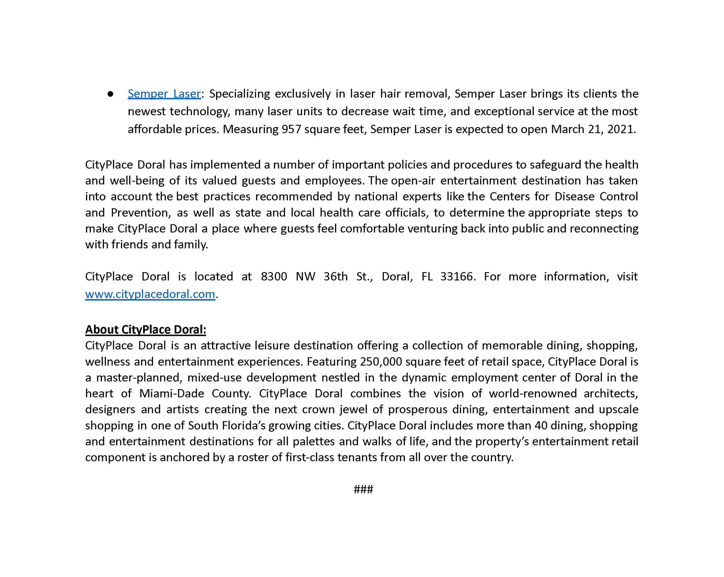 Page two of CityPlace Doral’s February 4, 2021 press release announcing Chico Malo and three additional tenants.