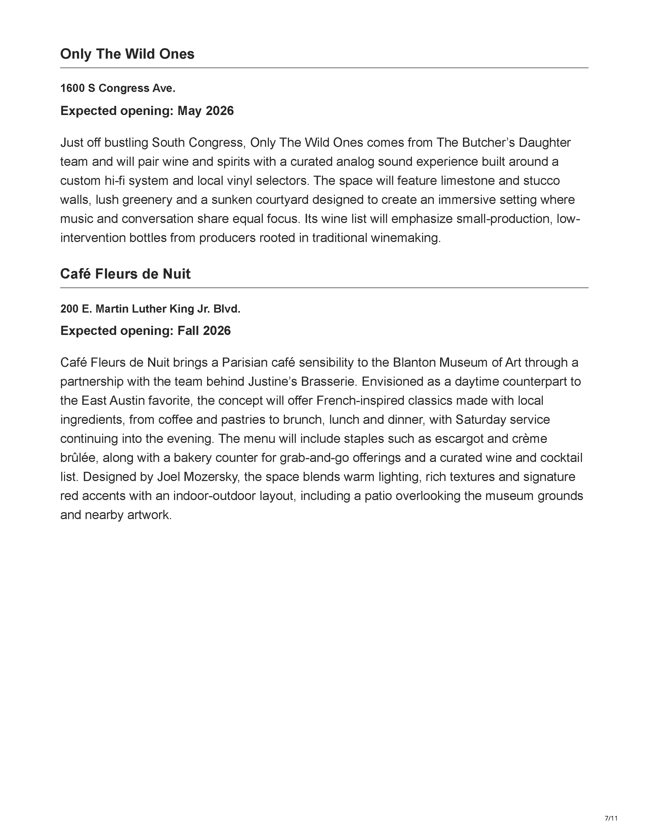 TRIBEZA’s article “Austin’s Most Anticipated Restaurant and Bar Openings,” introducing the new dining concepts expected to open across Austin in 2026, page 7