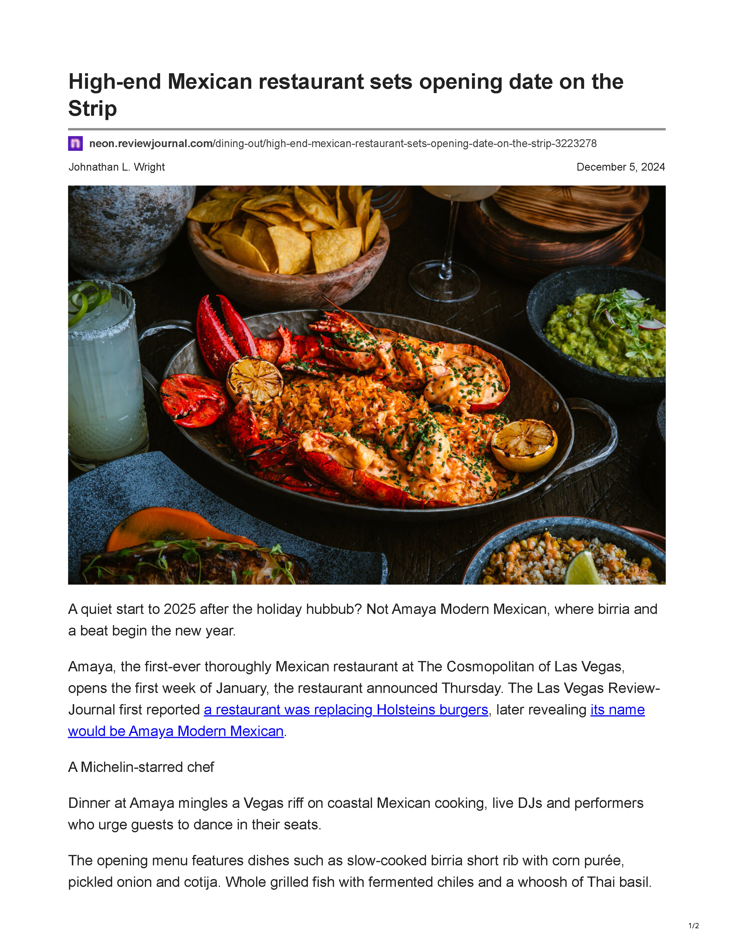 Neon Review-Journal article page announcing Amaya Modern Mexican at The Cosmopolitan of Las Vegas, featuring a photograph of the restaurant’s bar interior, page 1.