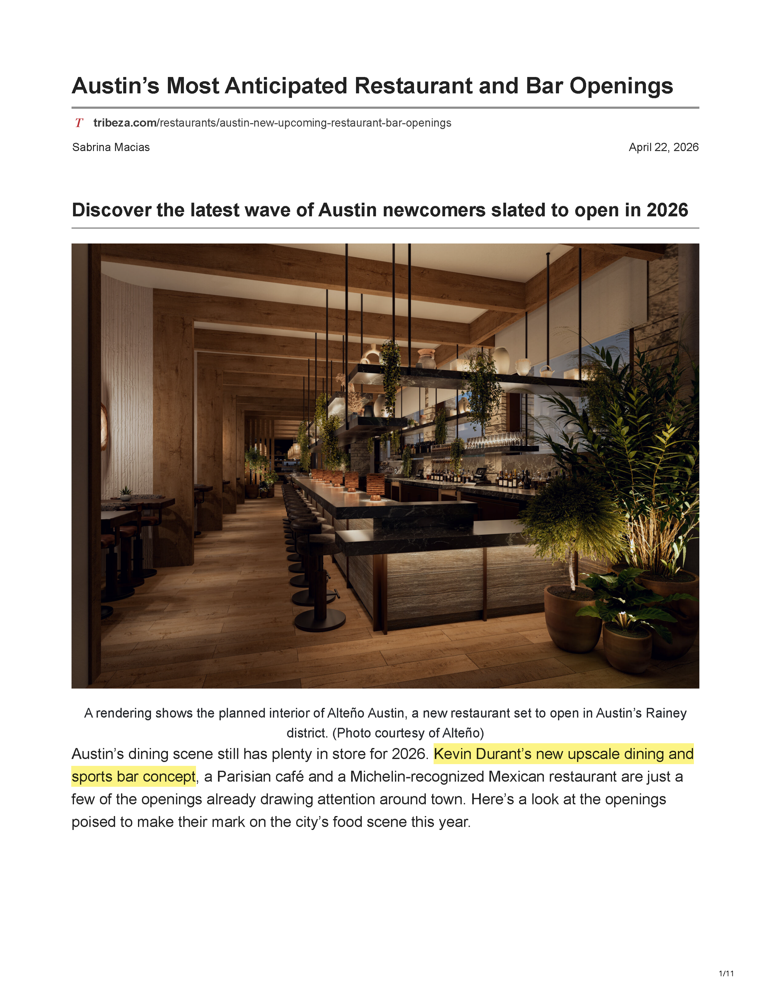 TRIBEZA’s article “Austin’s Most Anticipated Restaurant and Bar Openings,” introducing the new dining concepts expected to open across Austin in 2026, page 1