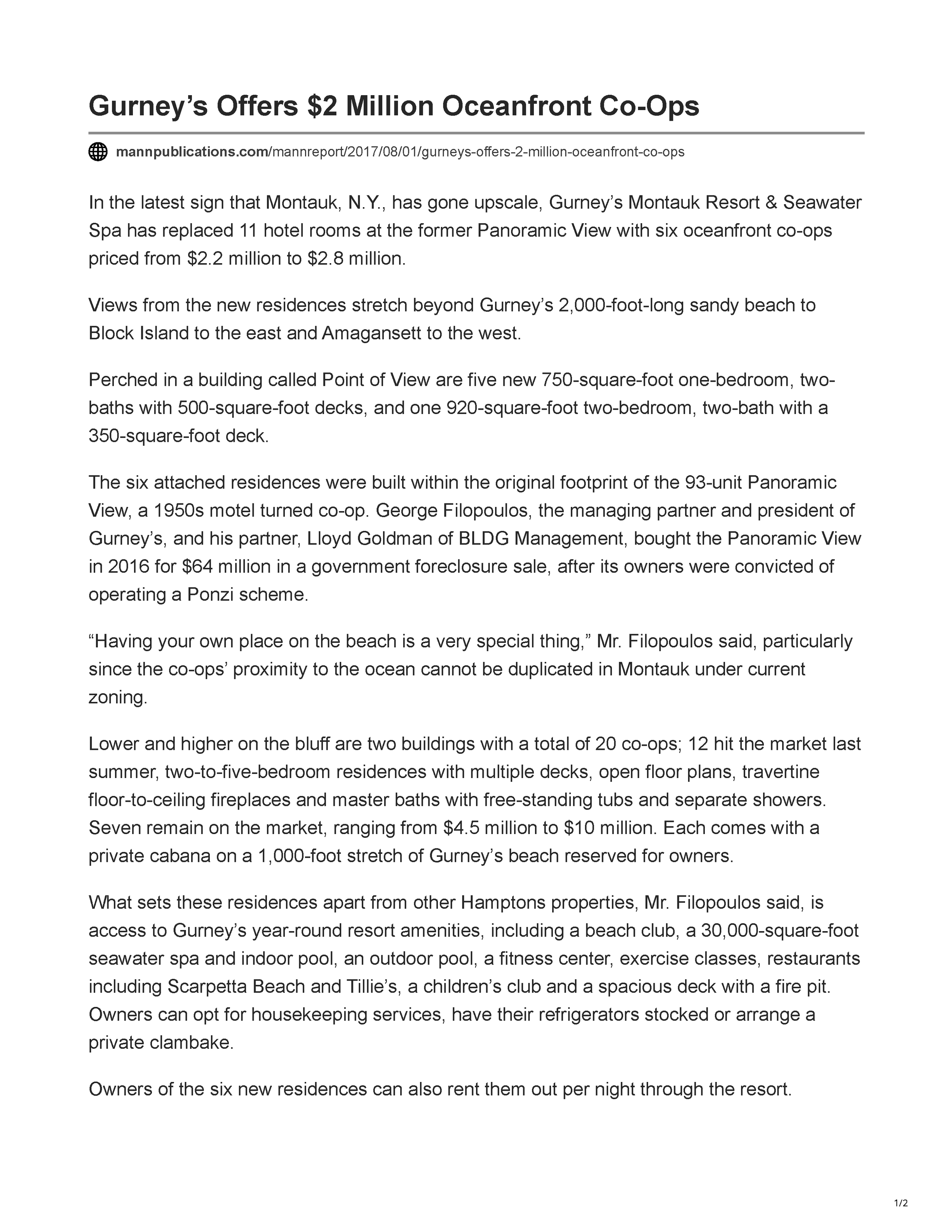Mann Report article discussing the limited comparable market and resort-serviced appeal of the Gurney’s Montauk oceanfront co-ops, page 1.