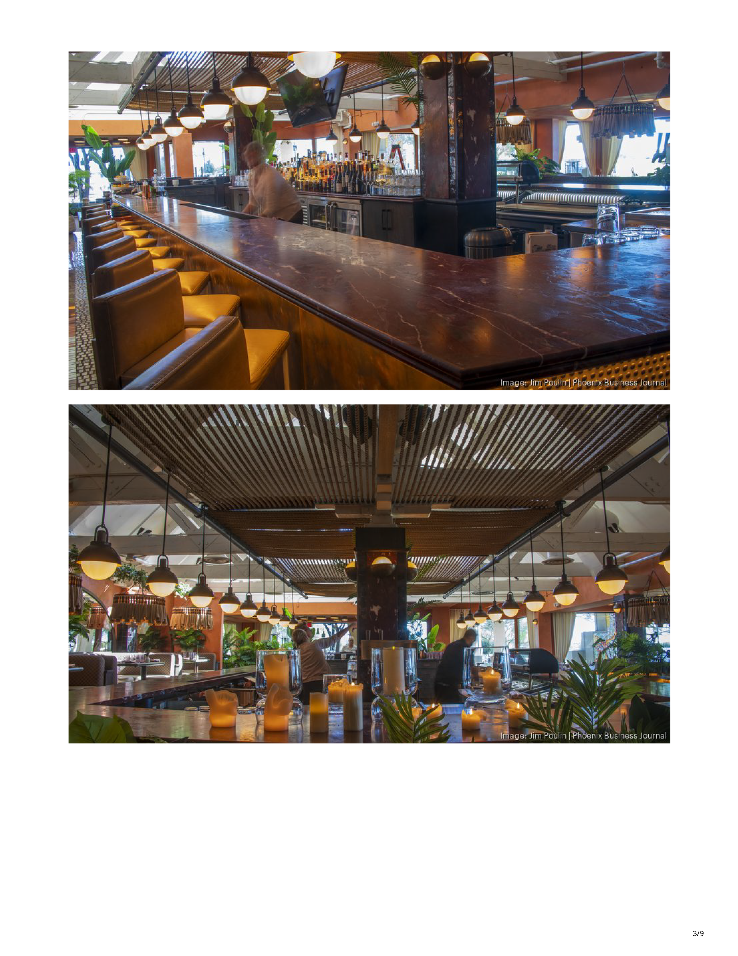 Phoenix Business Journal article about the reimagined Toro Scottsdale, featuring the redesigned restaurant’s curved banquette, central table and tropical bar interior, page 3