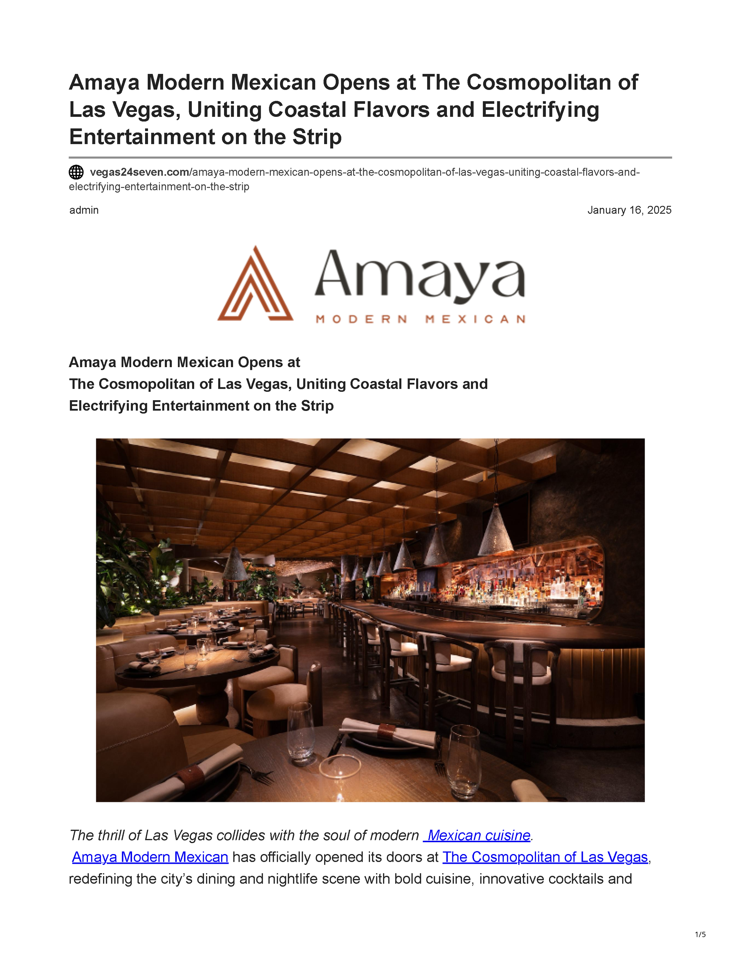 Page 1 of the Vegas24Seven article about the opening of Amaya Modern Mexican at The Cosmopolitan of Las Vegas.