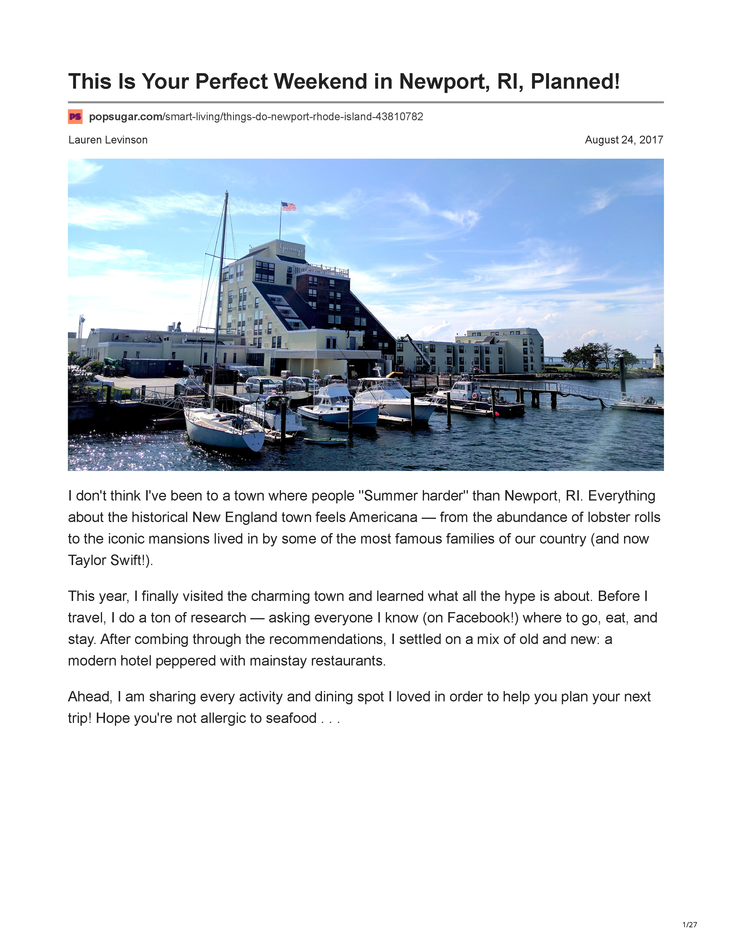 POPSUGAR’s Newport travel feature crediting Peter Max Bowden of PETERMAX Co. with the sophisticated nautical interiors of Gurney’s Newport Resort, page 1