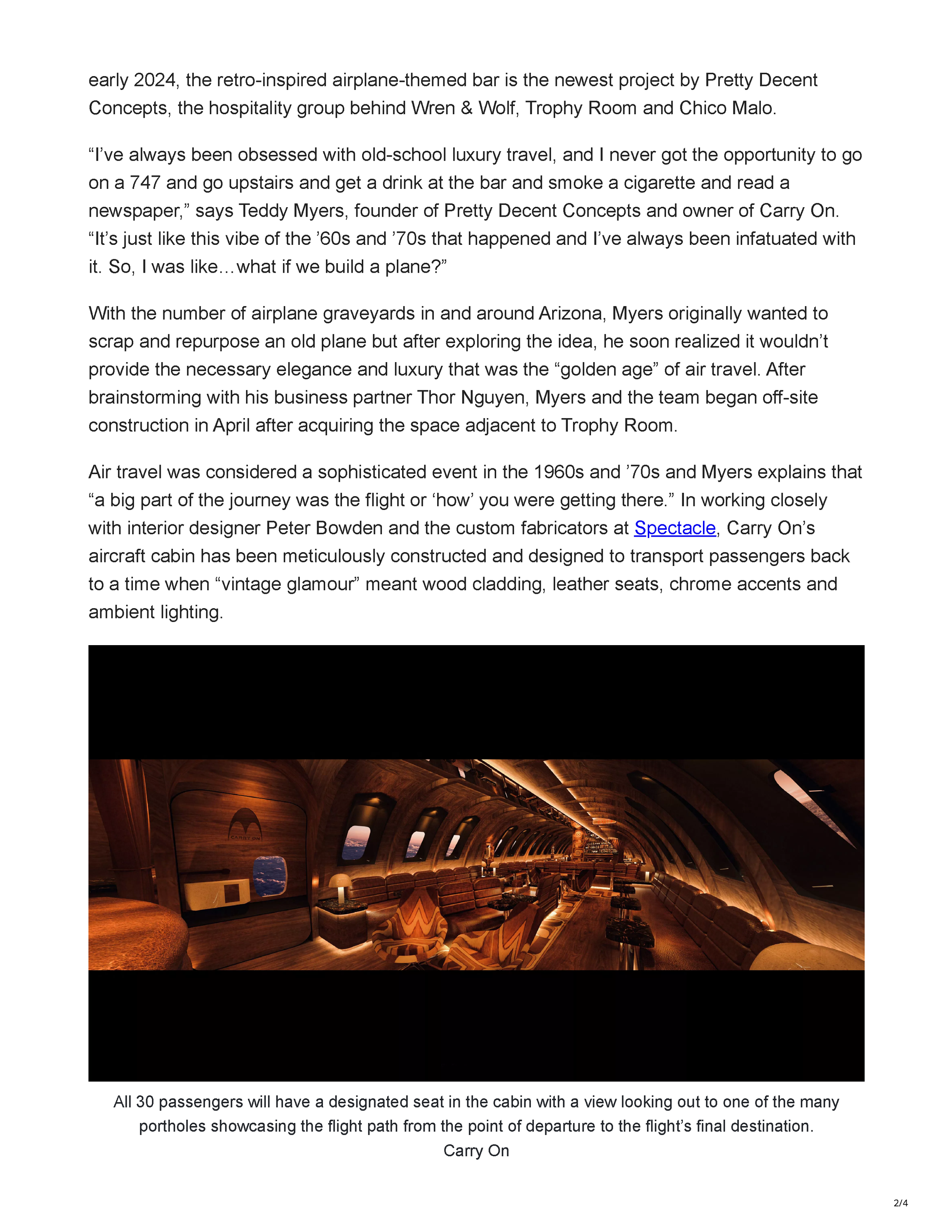 Phoenix New Times article page previewing Carry On, an airplane-themed cocktail bar opening in Downtown Phoenix, with a rendering of its wood-paneled bar interior, page 2.