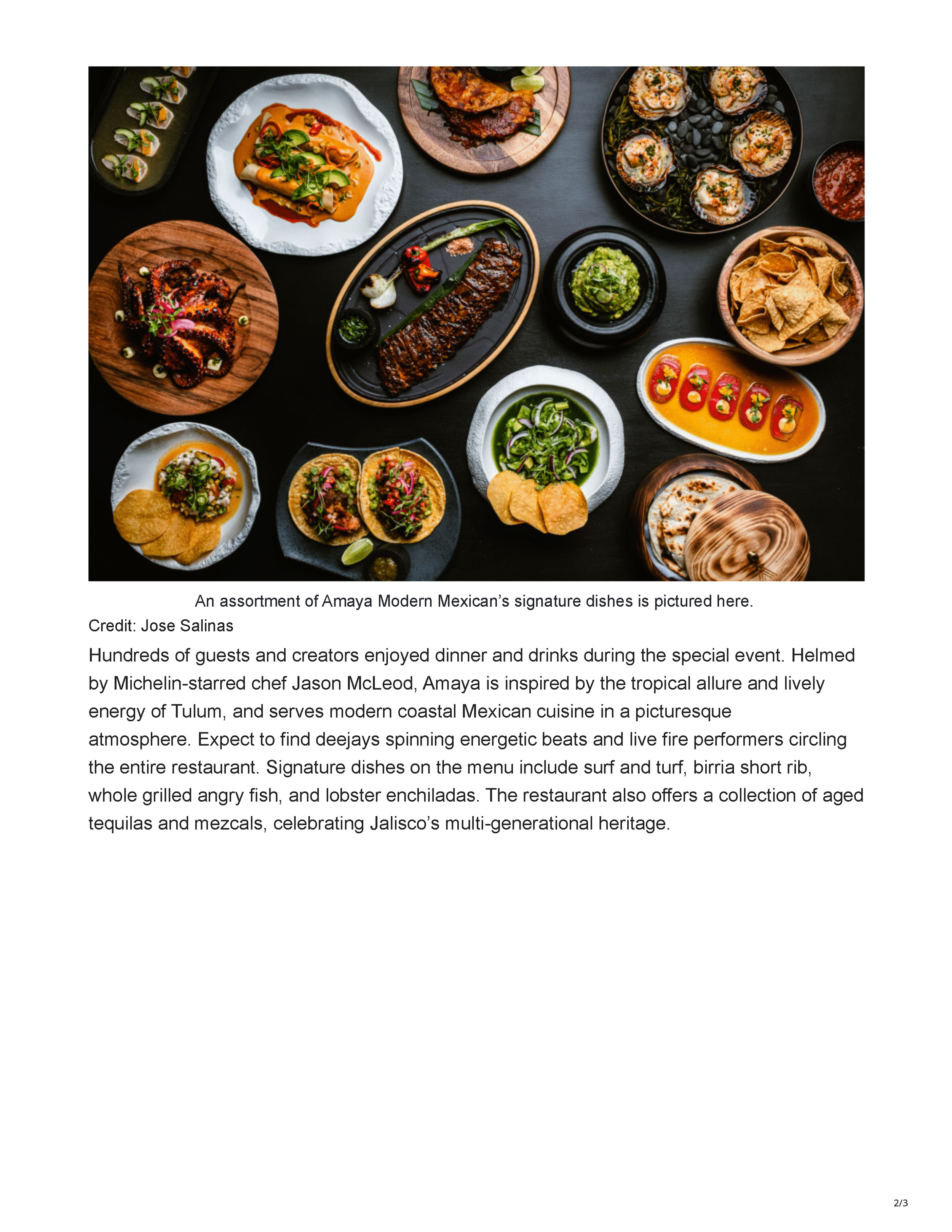 Los Angeles Magazine article page covering the launch of Amaya Modern Mexican at The Cosmopolitan of Las Vegas, featuring Kendall Jenner at the opening event, page 2.