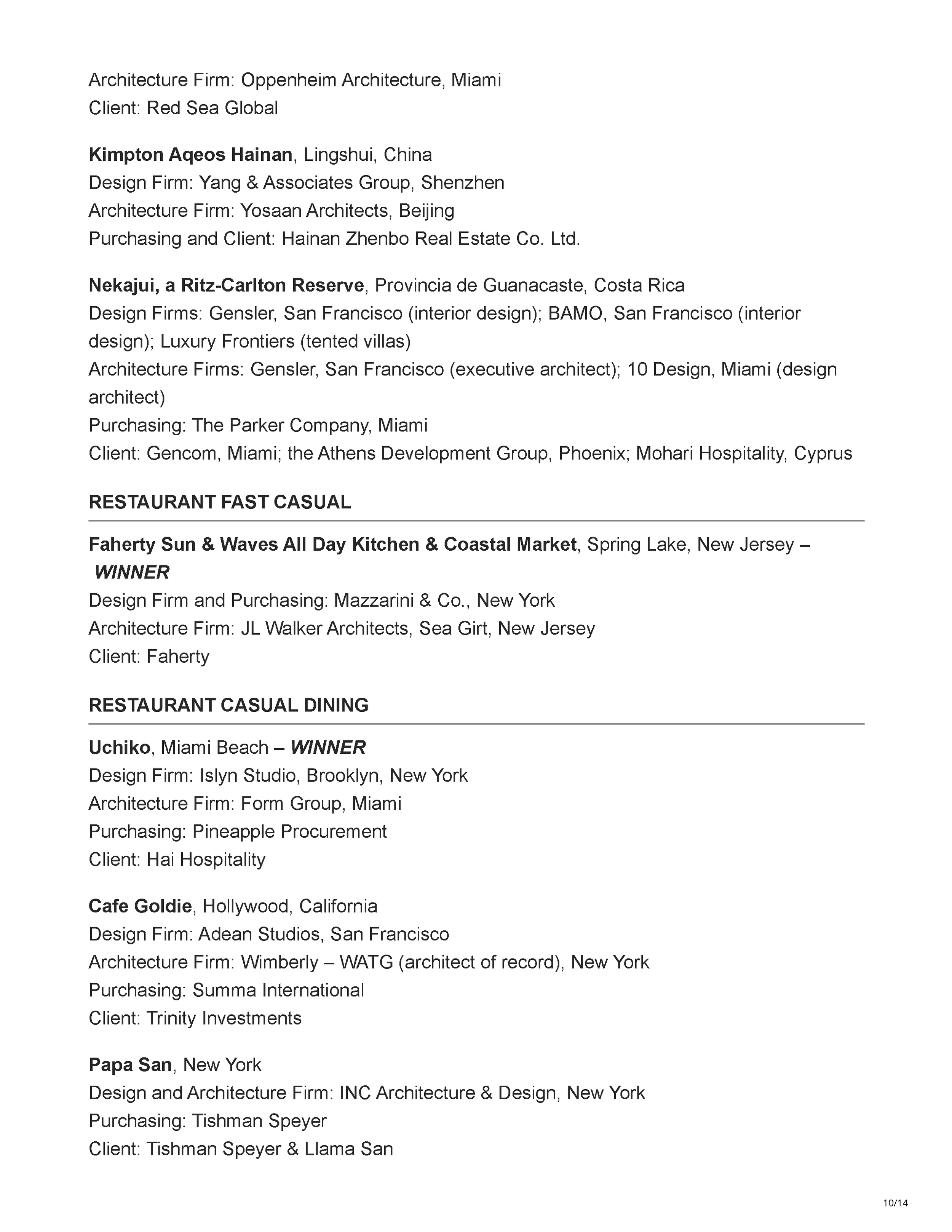 Official 45th Annual Gold Key Awards winners listing showing Carry On Airlines as the Bar/Club/Lounge winner, Drop Dead Gorgeous as a finalist, and Carry On Airlines receiving the Judges' So Cool Award, page 10.