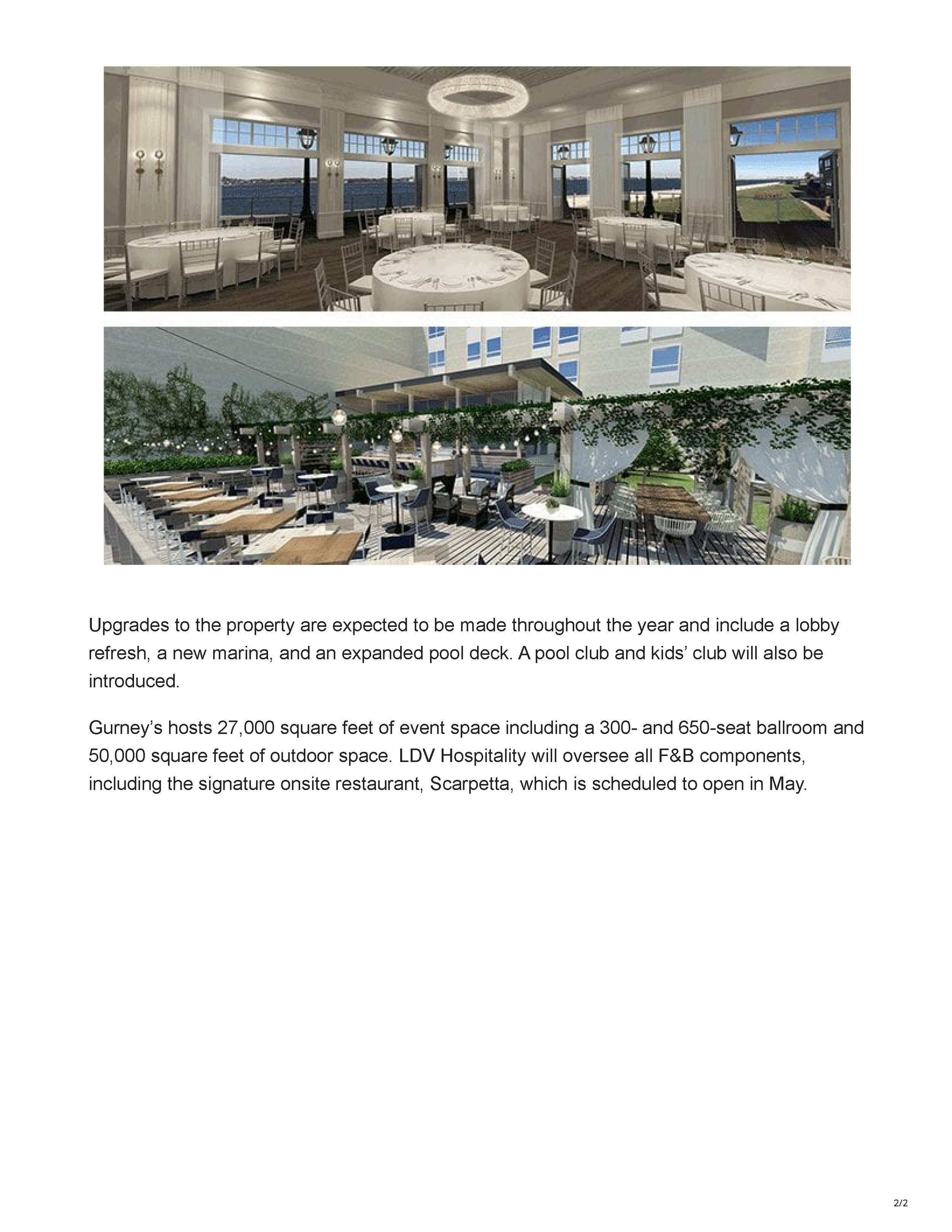 Renderings of the redesigned ballroom and outdoor terrace at Gurney's Newport Resort & Marina, page 2.