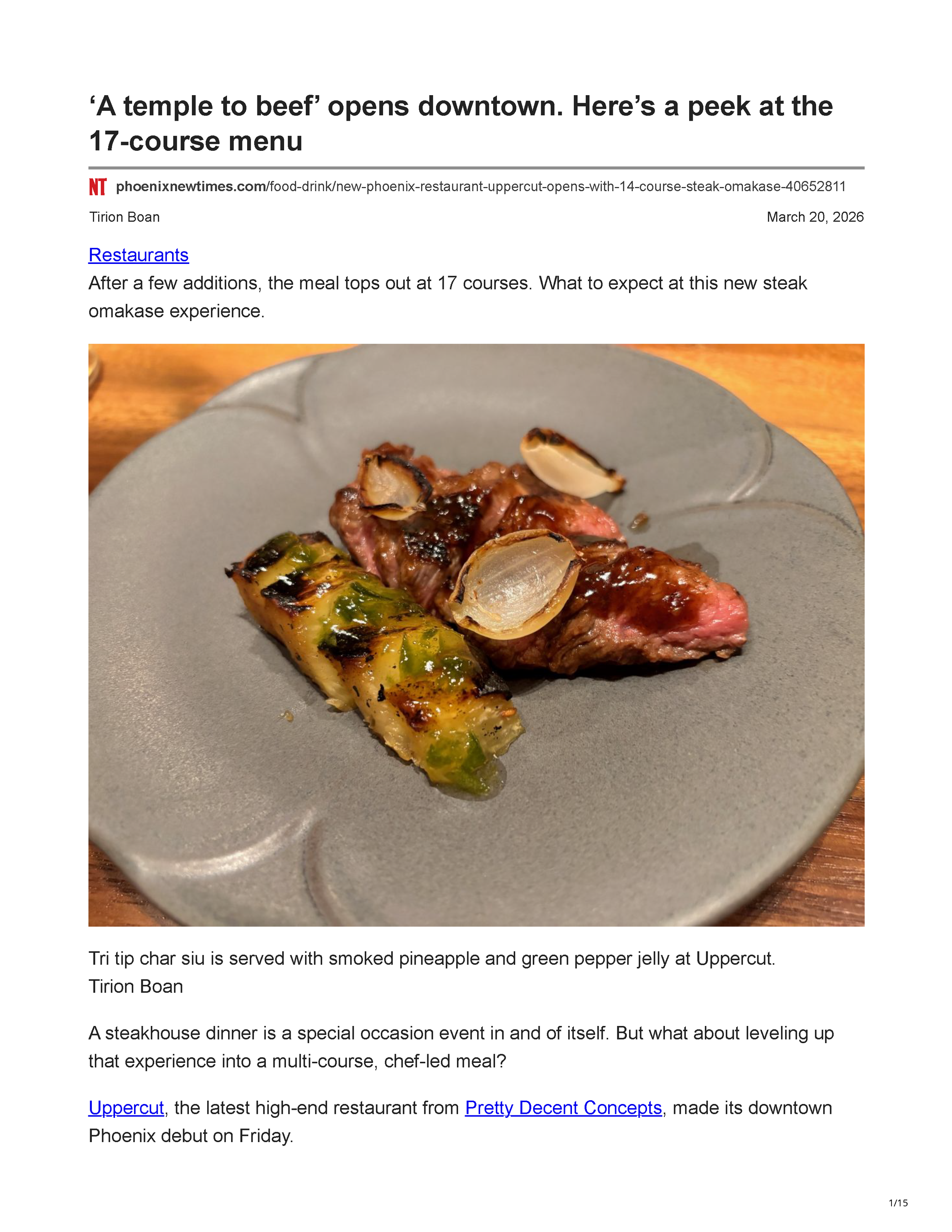 First page of the Phoenix New Times article “‘A temple to beef’ opens downtown. Here’s a peek at the 17-course menu,” featuring Uppercut’s tri-tip char siu.