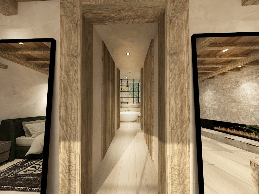 Bedroom with a mirror on each side, a hallway with wooden panels, and a bathroom with a bathtub and window at the end.