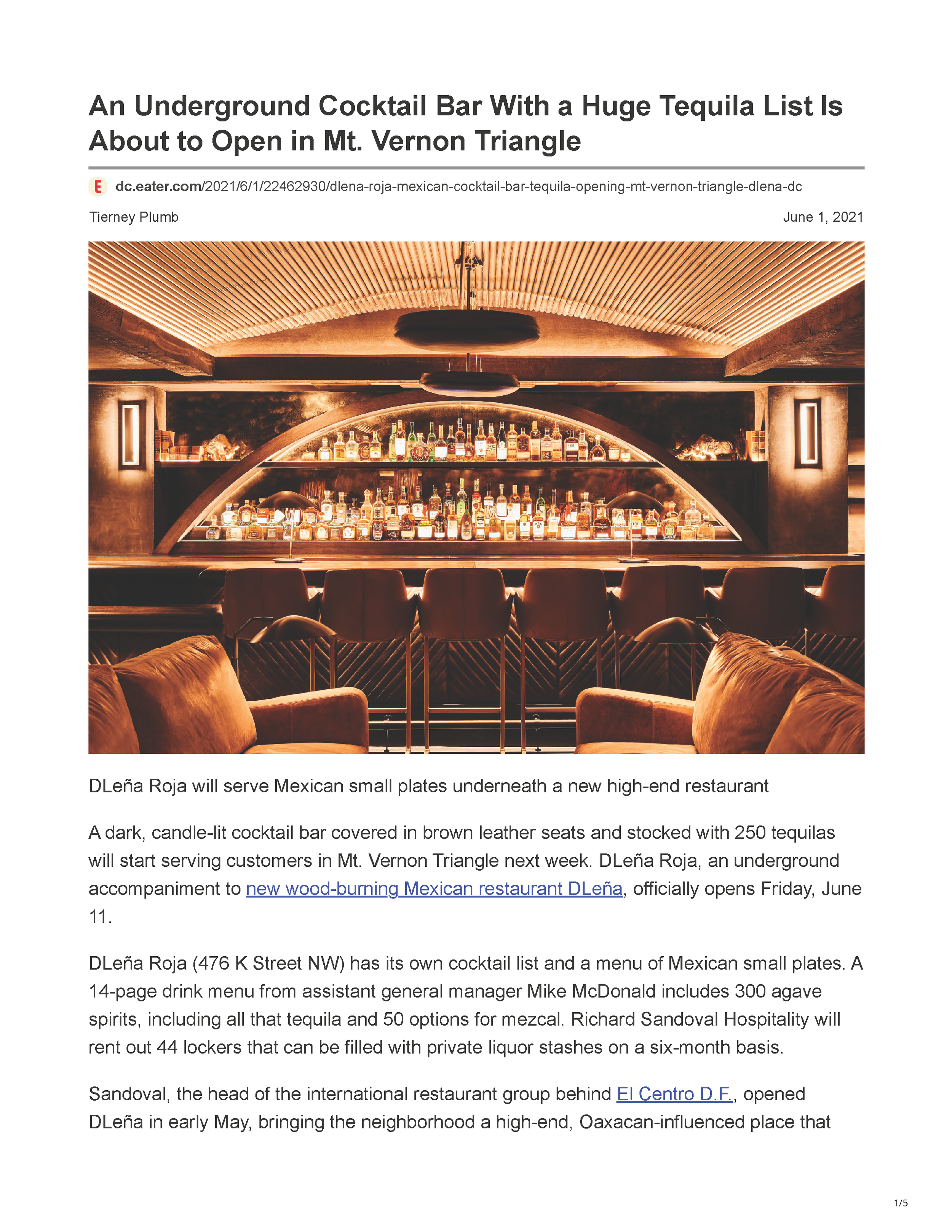 First page of Eater DC’s article “An Underground Cocktail Bar With a Huge Tequila List Is About to Open in Mt. Vernon Triangle,” showing dLeña ROJA’s illuminated bar and extensive agave-spirit collection.