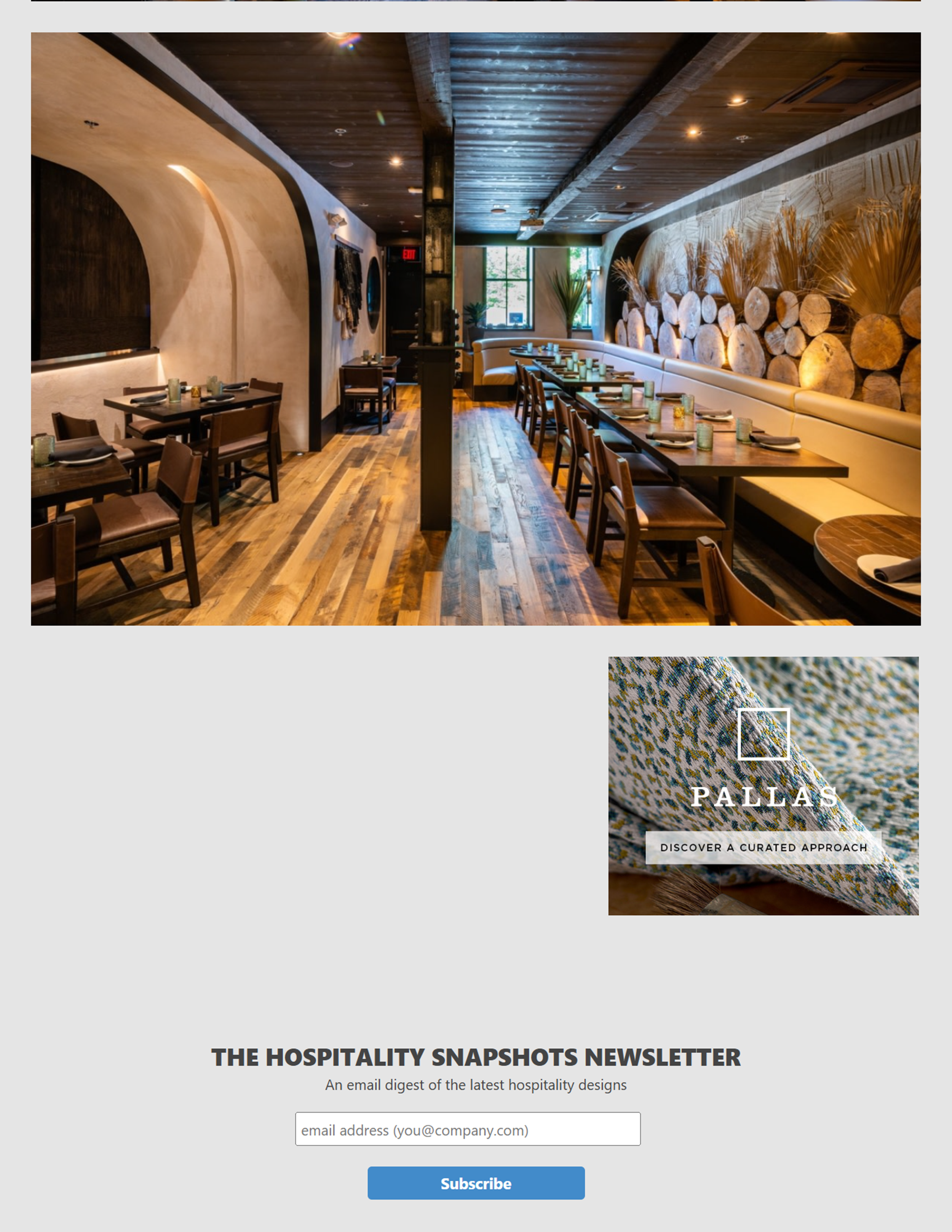 Hospitality Snapshots project page featuring dLeña, a modern Mexican restaurant in Washington, DC, with a photograph of its warm wood-paneled interior and circular bar, page 6.