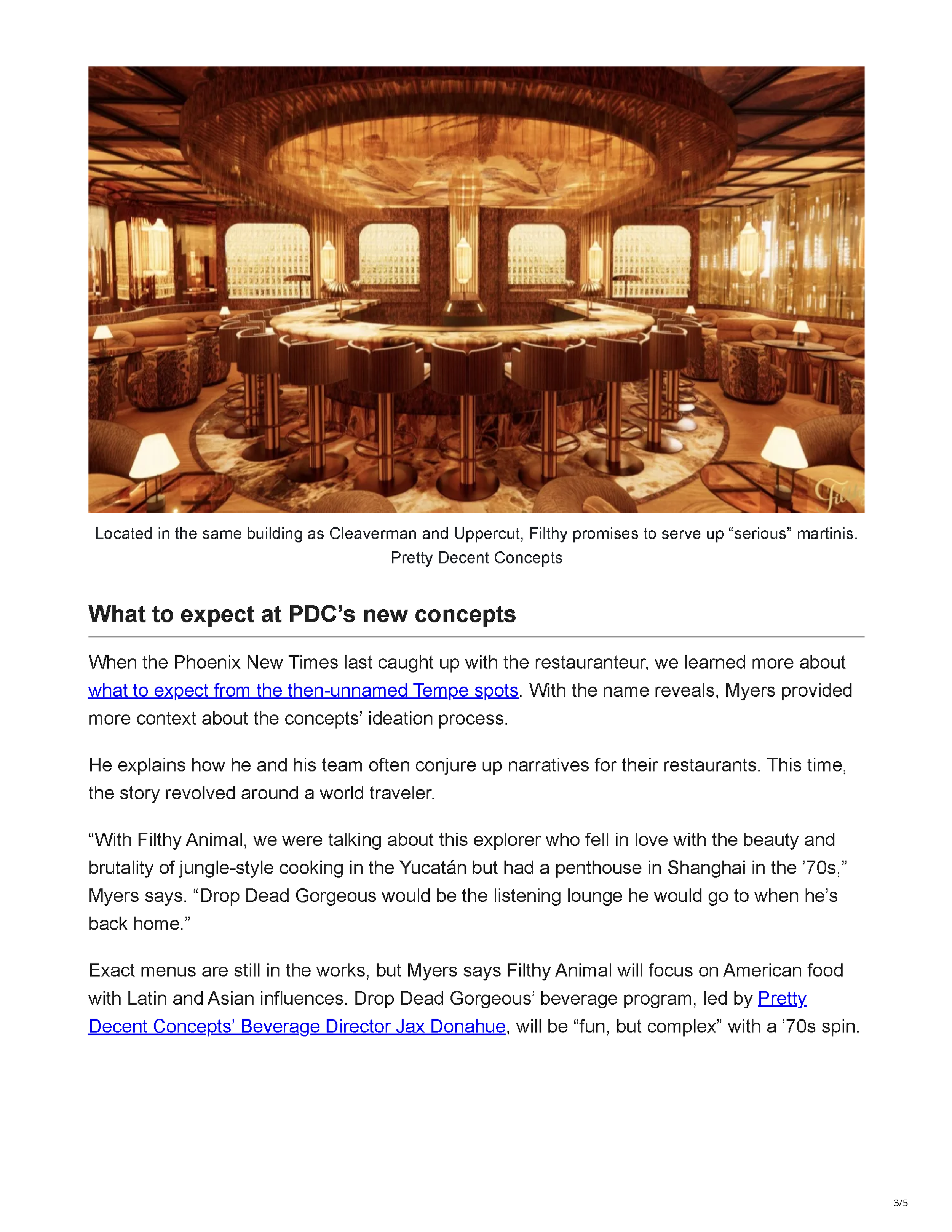 Phoenix New Times article page announcing Pretty Decent Concepts’ five planned Phoenix and Tempe restaurants and bars, featuring a rendering of a tropical, 1970s-inspired restaurant interior, page 3.