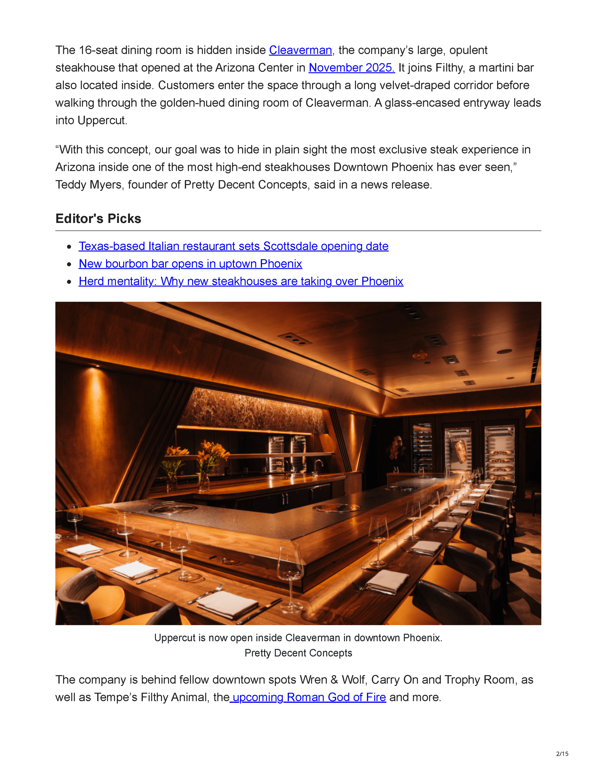 Phoenix New Times article page showing Uppercut’s 16-seat chef’s counter, designed by PETERMAX Co. with rich woods, warm lighting and inset grills.