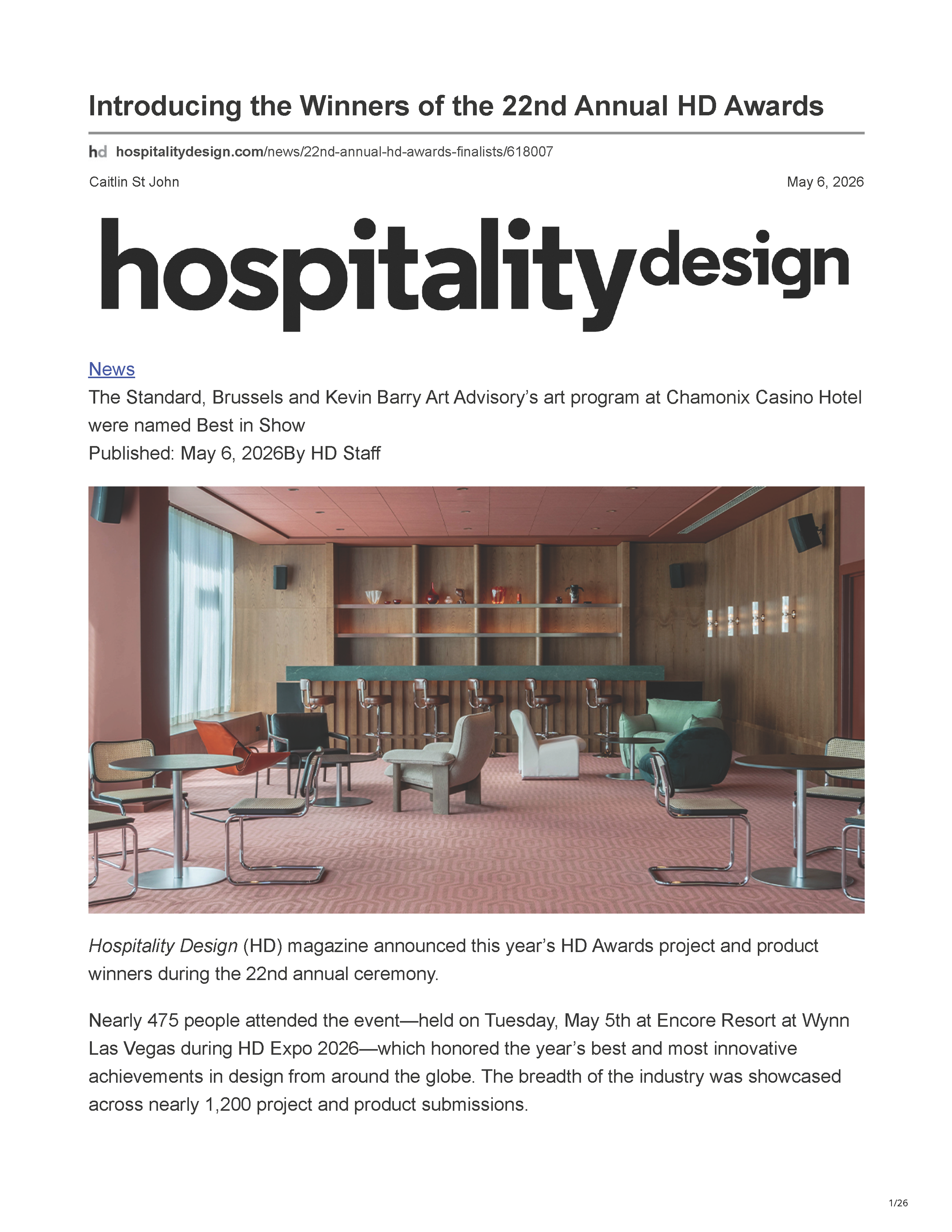 Official Hospitality Design HD Awards finalist listing showing Filthy Martini Bar by PETERMAX Co. as a finalist in the Bar, Club + Lounge category, page 1.