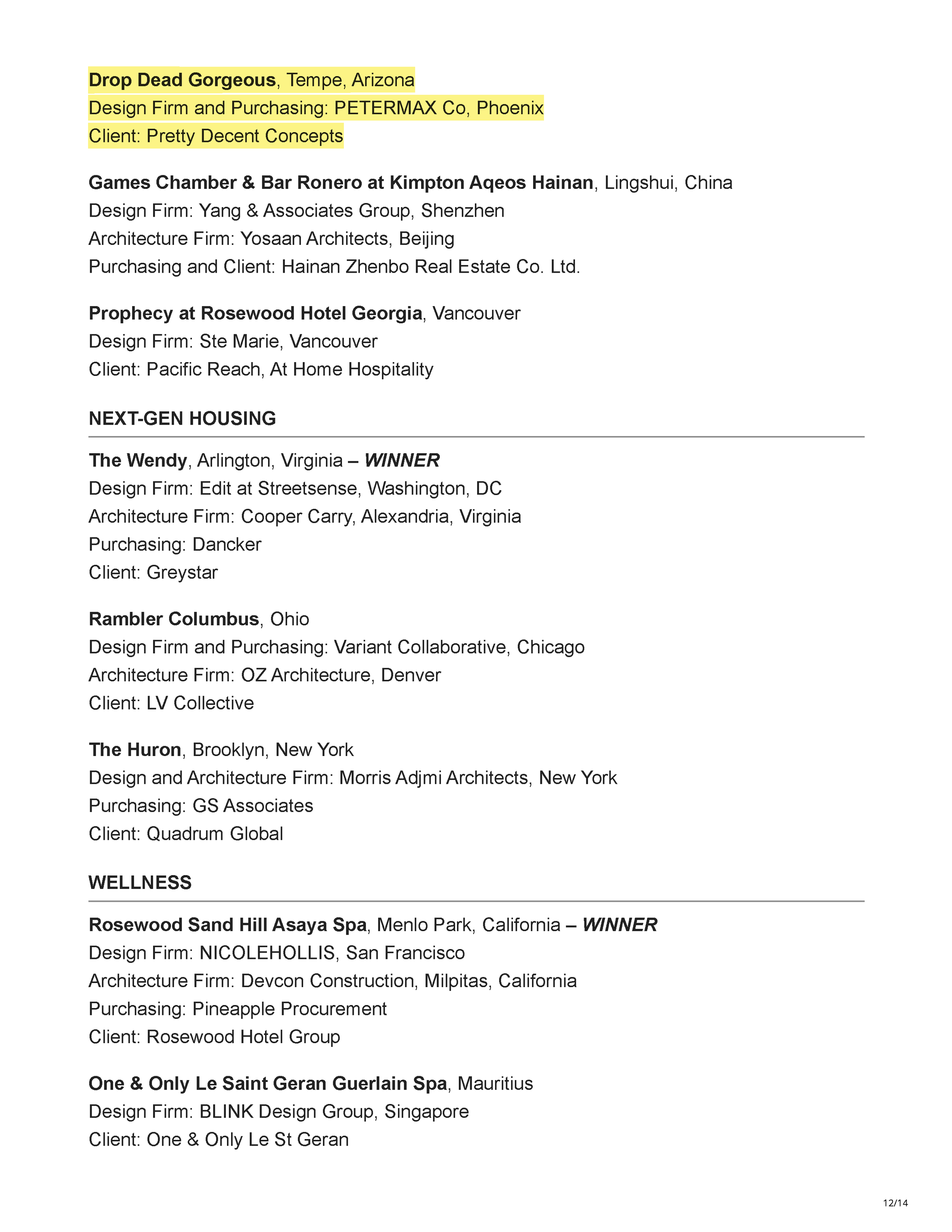 Official 45th Annual Gold Key Awards winners listing showing Carry On Airlines as the Bar/Club/Lounge winner, Drop Dead Gorgeous as a finalist, and Carry On Airlines receiving the Judges' So Cool Award, page 12.