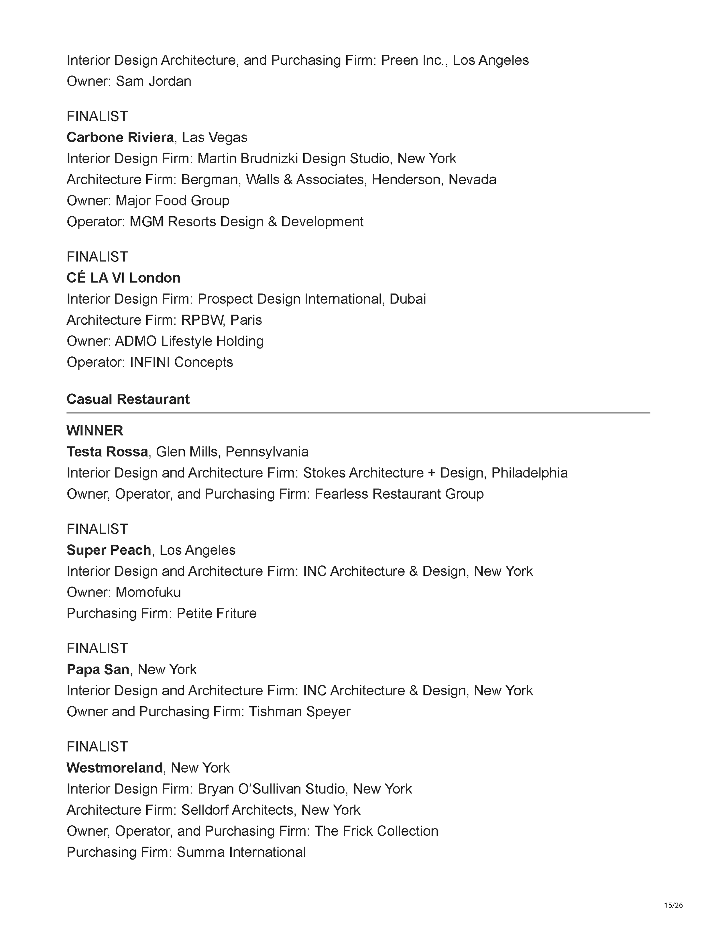 Official Hospitality Design HD Awards finalist listing showing Filthy Martini Bar by PETERMAX Co. as a finalist in the Bar, Club + Lounge category, page 15.
