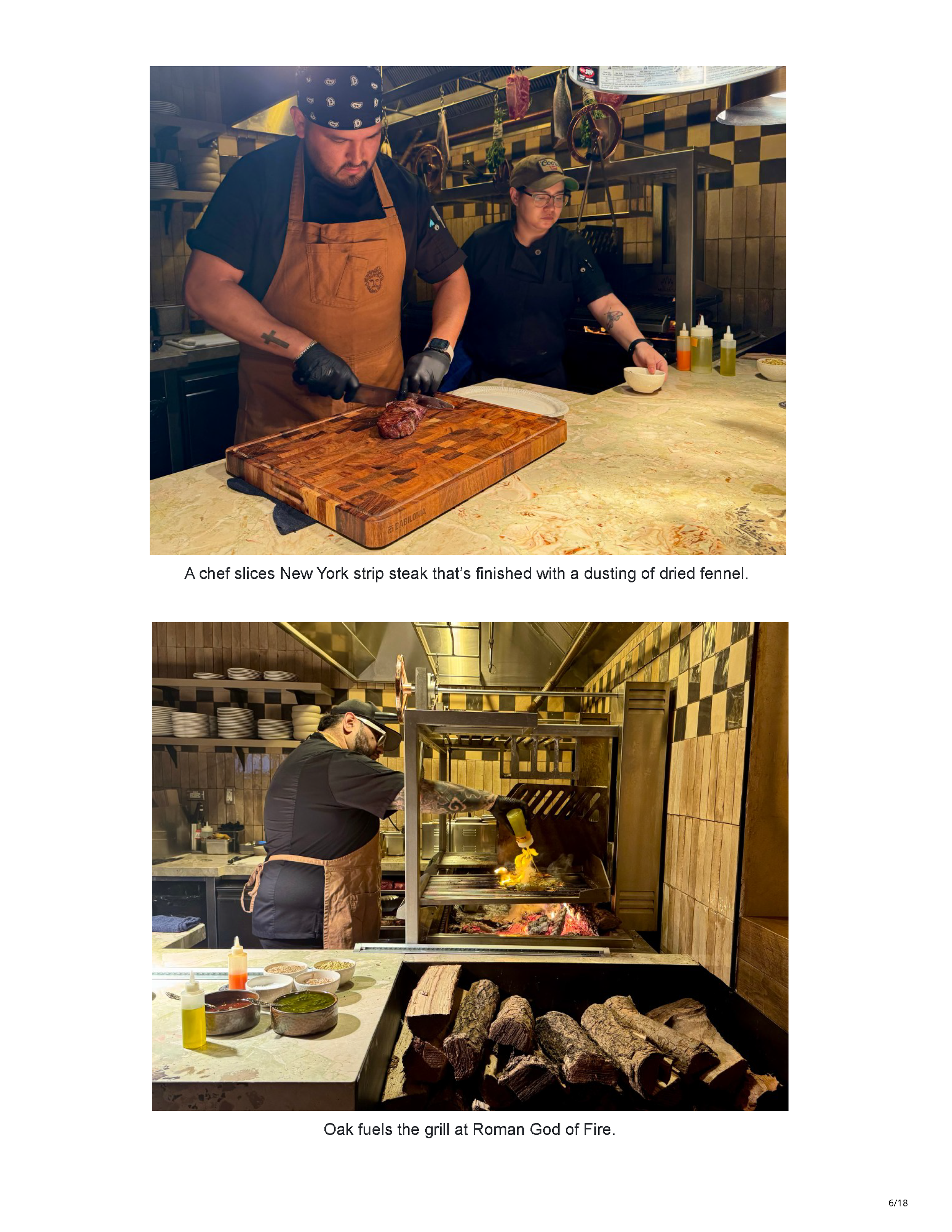 Sixth page of the Phoenix New Times feature showing chefs preparing steak over Roman God of Fire’s oak-fueled grill.