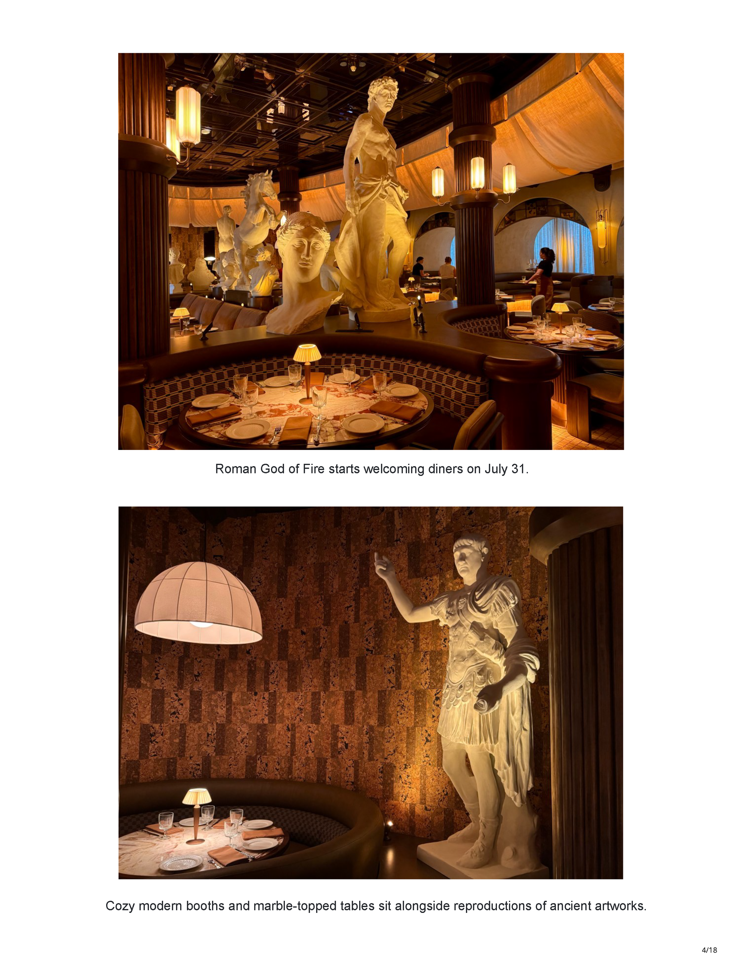 Fourth page of the Phoenix New Times feature showing Roman God of Fire’s curved banquettes, marble tables and illuminated reproductions of classical sculpture.