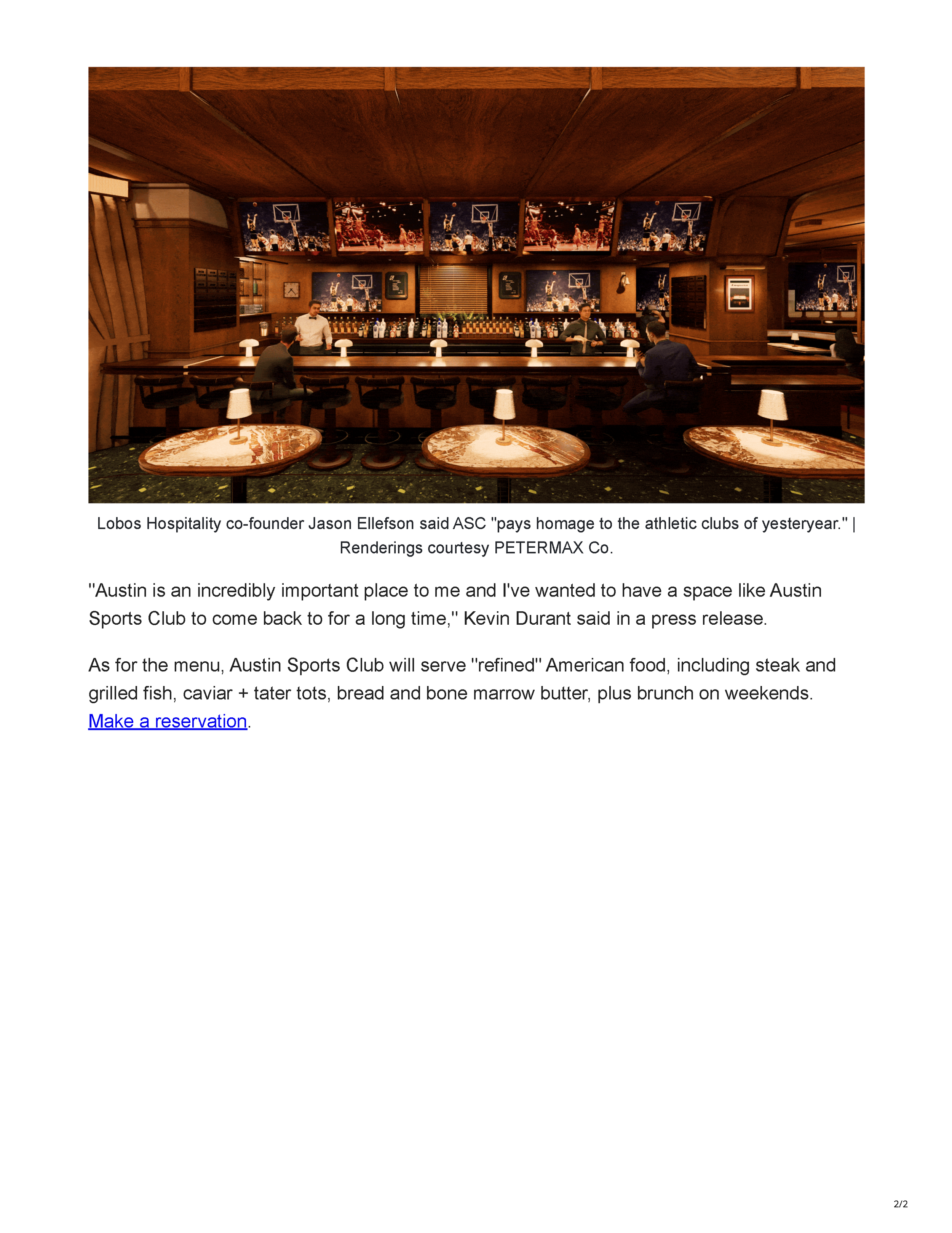 6AM City article previewing Kevin Durant’s Austin Sports Club with PETERMAX Co. interior renderings of the new downtown Austin restaurant and entertainment venue, page 2.