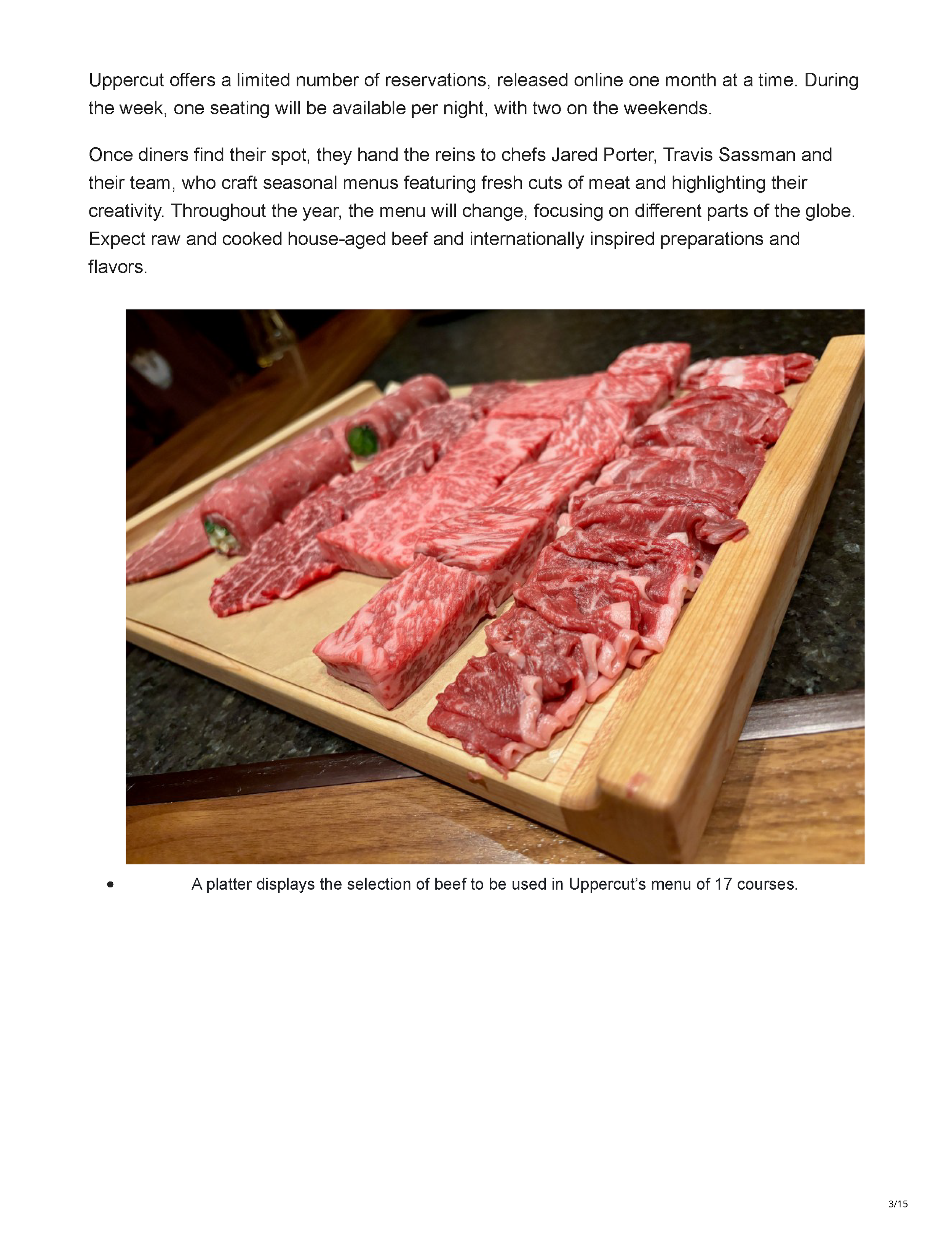 Article page describing Uppercut’s limited reservations and seasonal menus alongside a display of beef selected for the tasting experience.