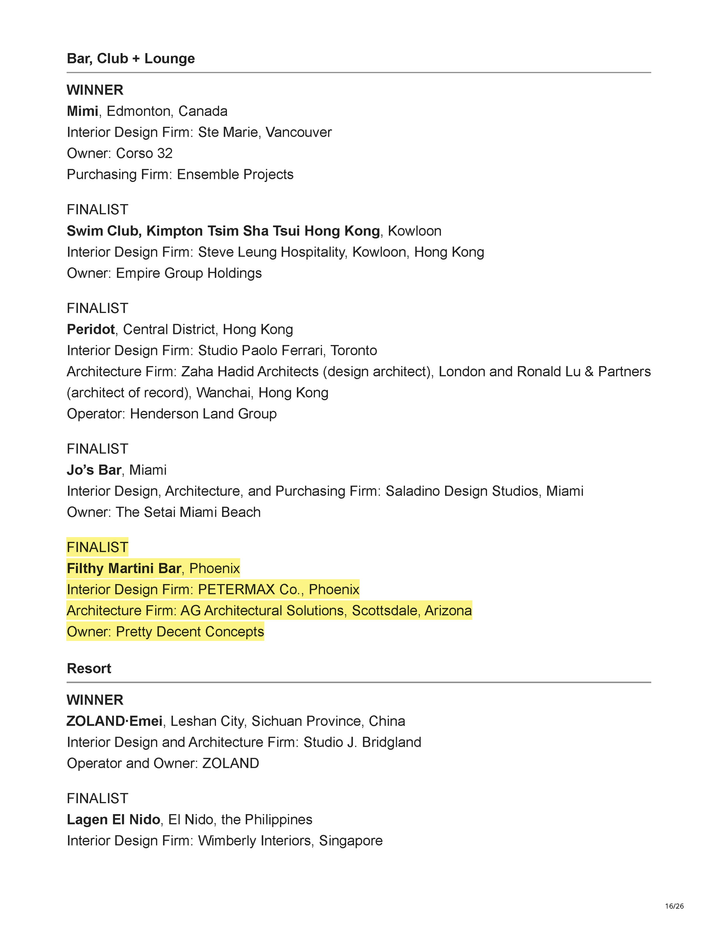 Official Hospitality Design HD Awards finalist listing showing Filthy Martini Bar by PETERMAX Co. as a finalist in the Bar, Club + Lounge category, page 16.